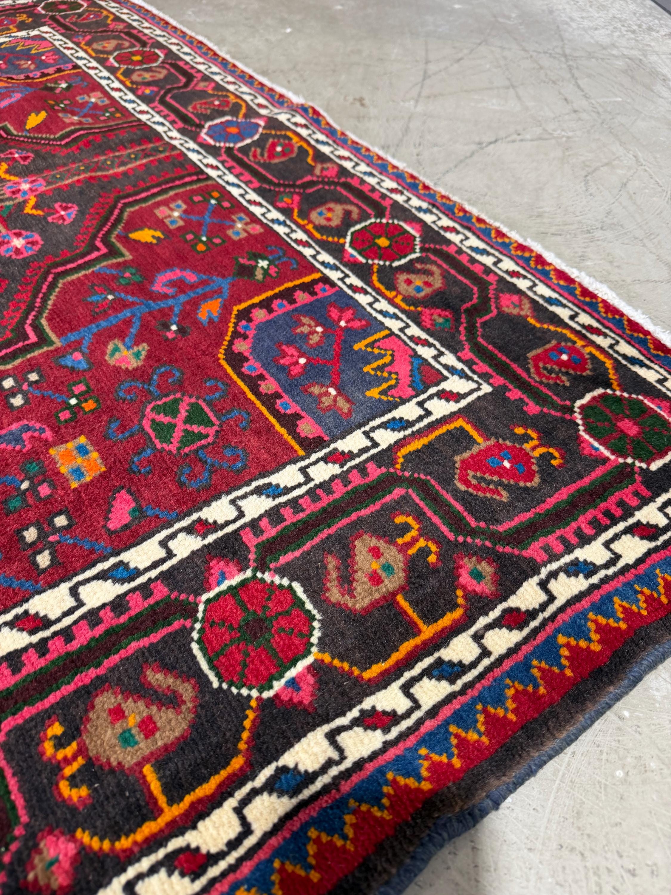Vintage Hand Knotted Persian Nahavand Geometric Floral Design Large Runner Rug, Pink, Red and Black 12.10’ x 3.10’