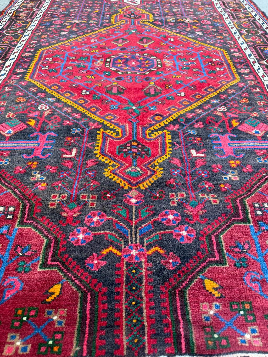Vintage Hand Knotted Persian Nahavand Geometric Floral Design Large Runner Rug, Pink, Red and Black 12.10’ x 3.10’