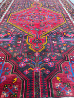 Vintage Hand Knotted Persian Nahavand Geometric Floral Design Large Runner Rug, Pink, Red and Black 12.10’ x 3.10’