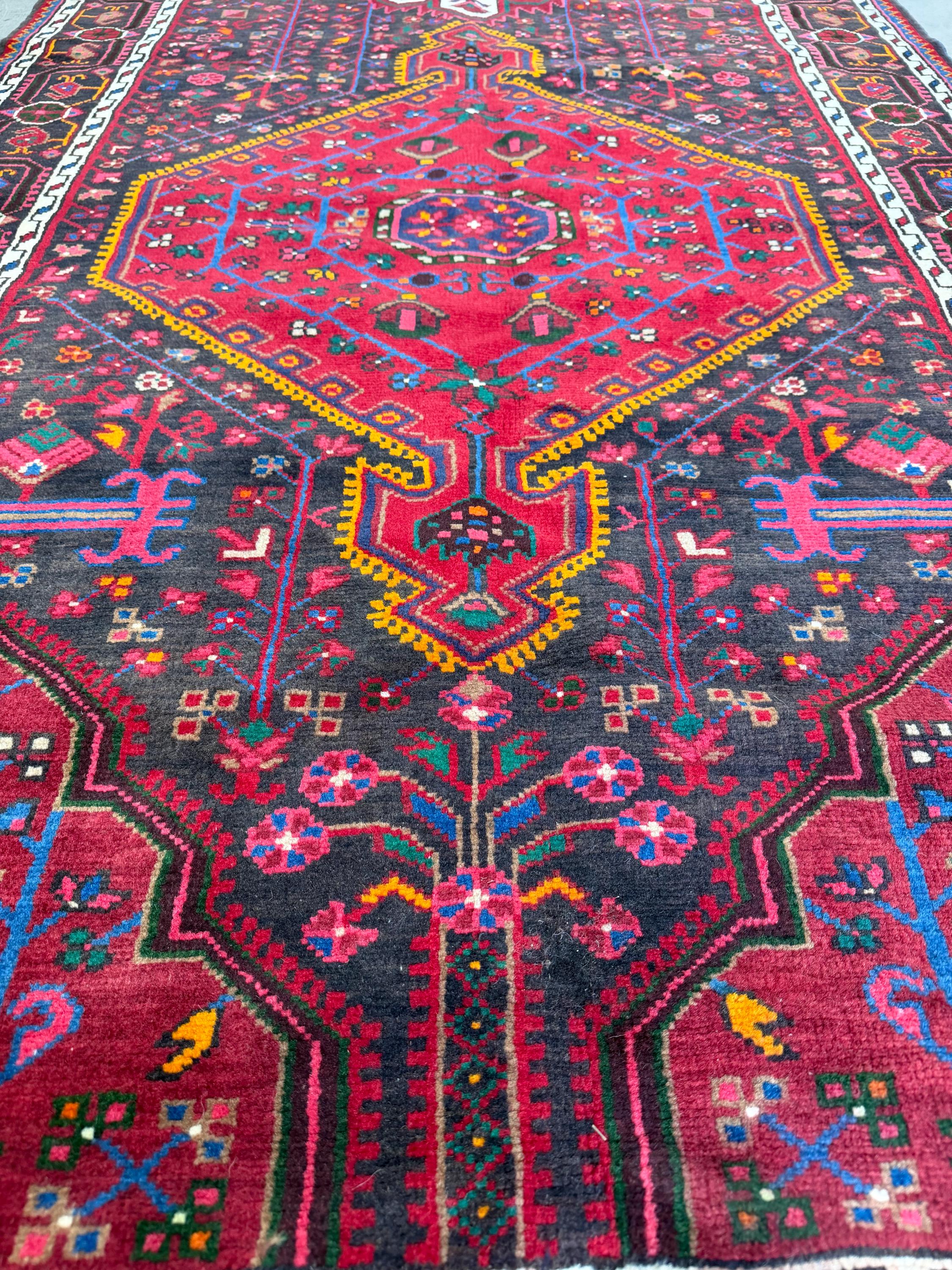 Vintage Hand Knotted Persian Nahavand Geometric Floral Design Large Runner Rug, Pink, Red and Black 12.10’ x 3.10’