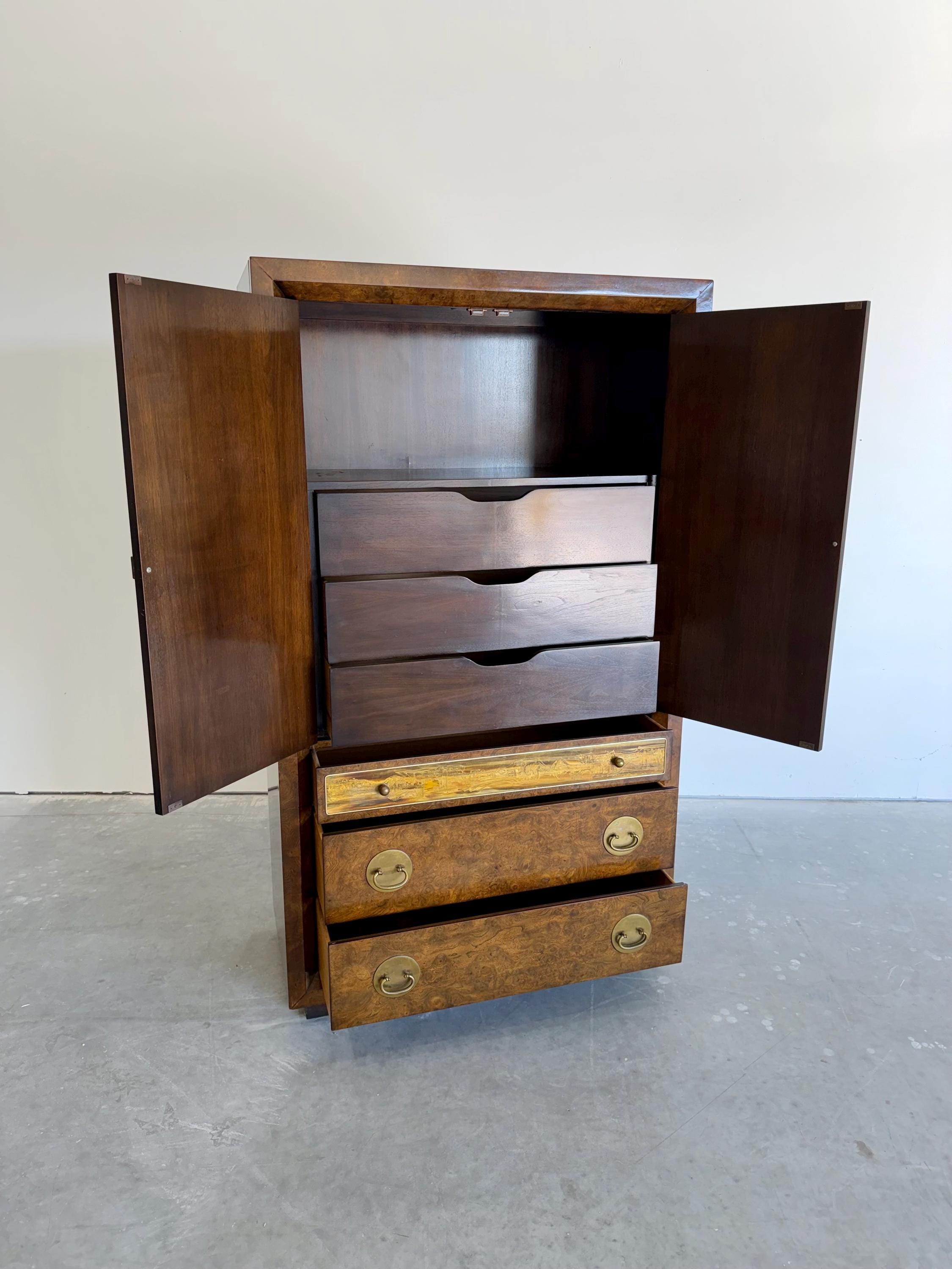 Vintage 1970’s Mastercraft Burlwood Armoire Cabinet with etched Brass