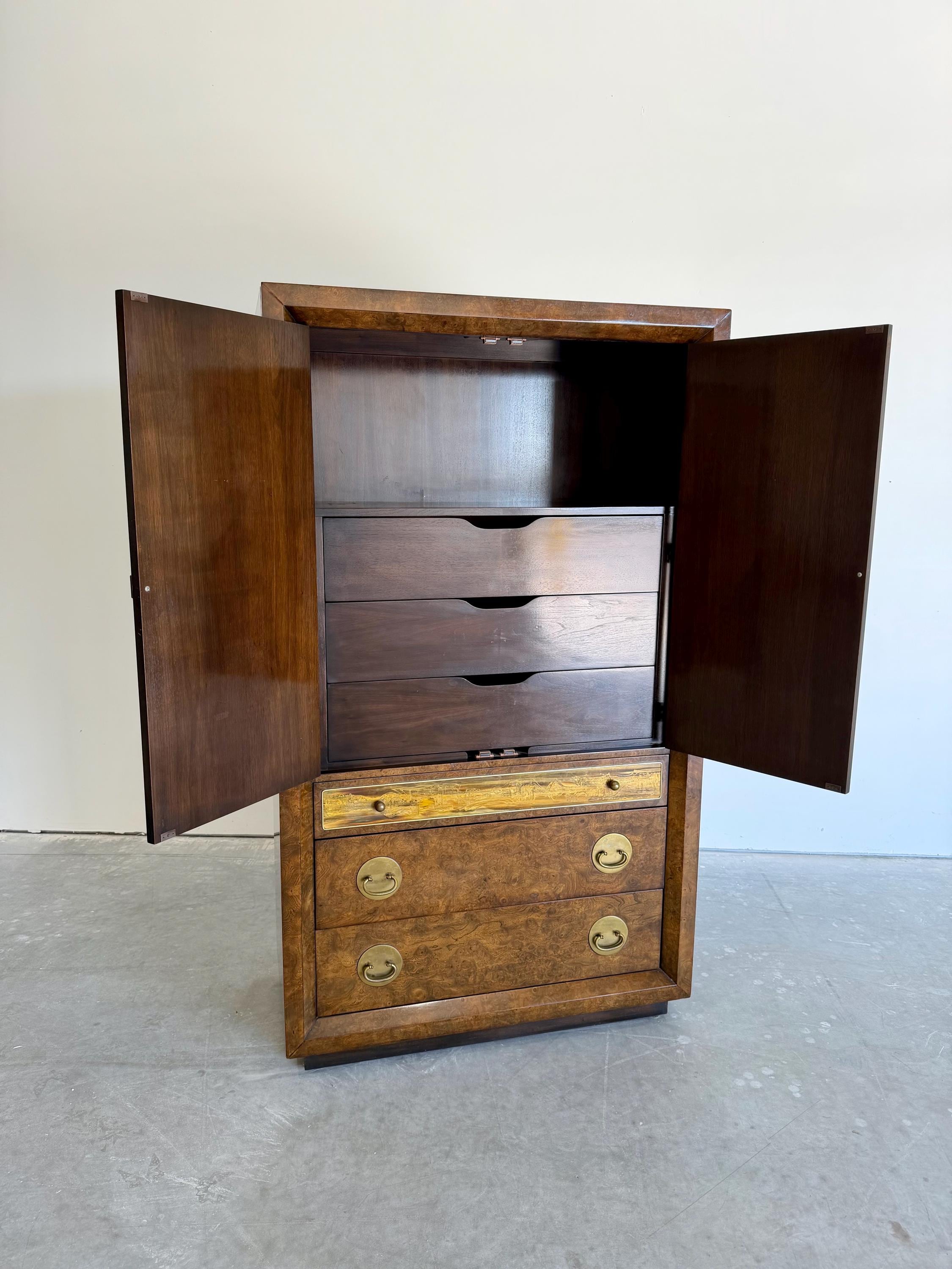 Vintage 1970’s Mastercraft Burlwood Armoire Cabinet with etched Brass
