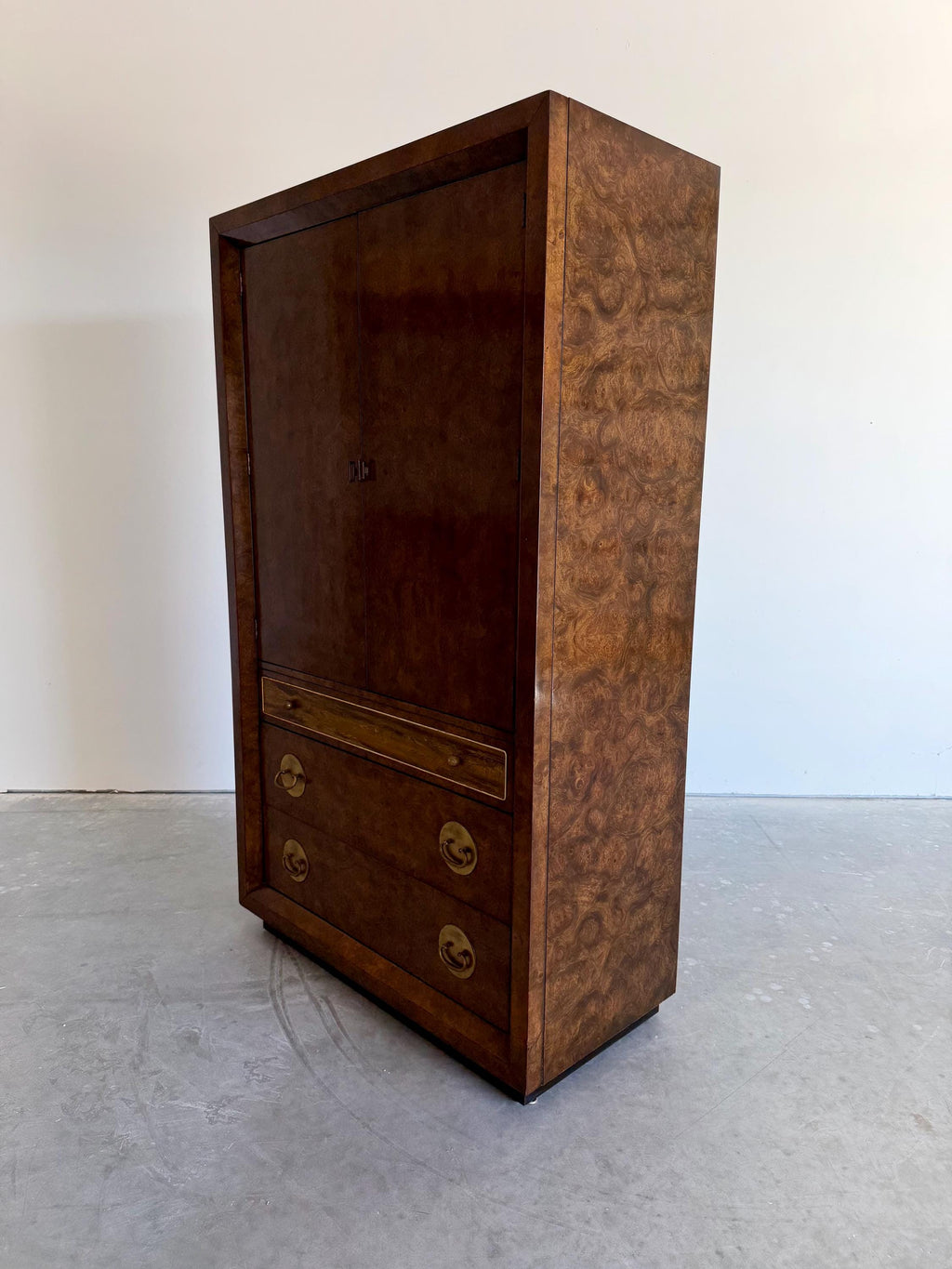 Vintage 1970’s Mastercraft Burlwood Armoire Cabinet with etched Brass