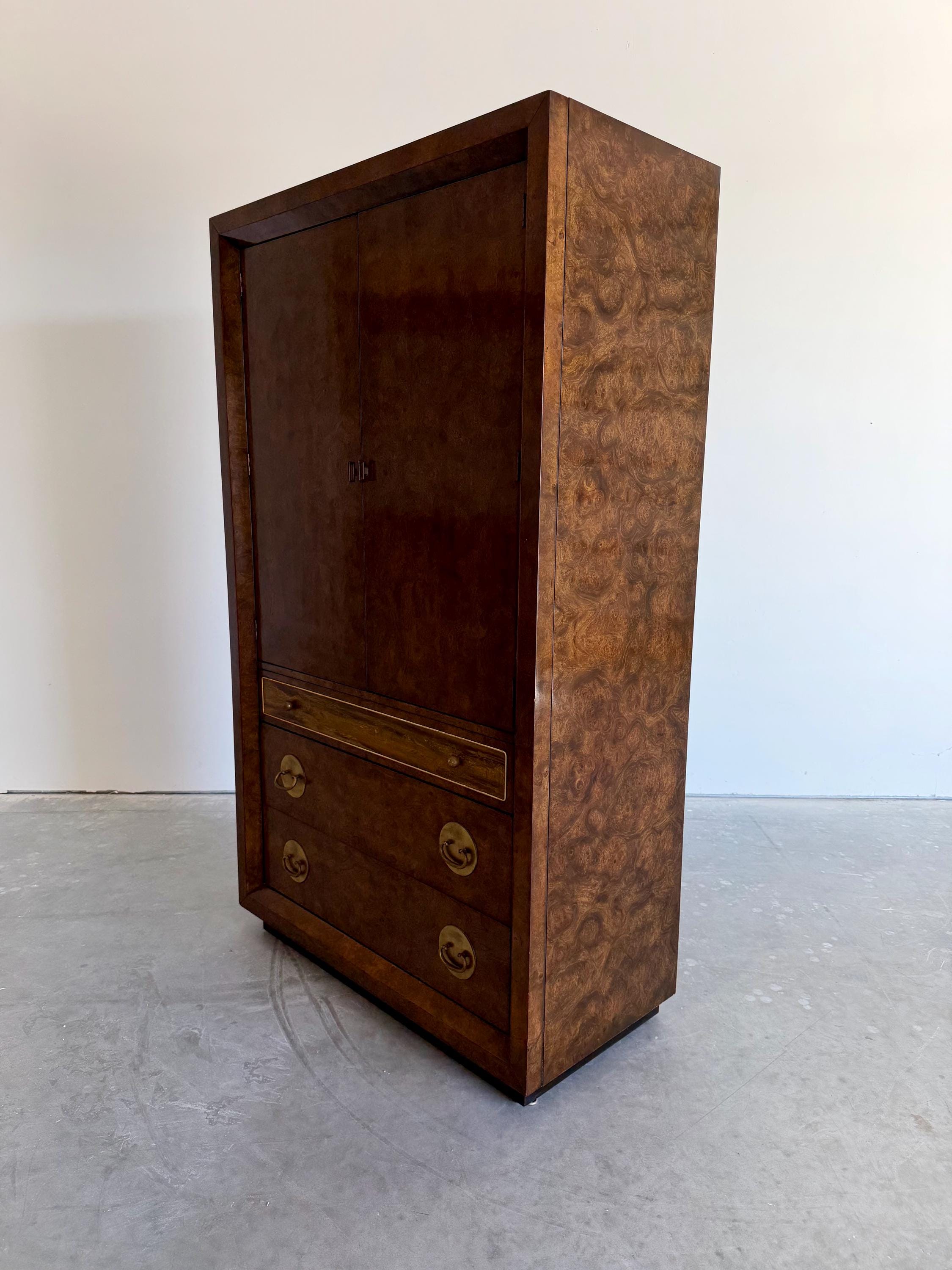 Vintage 1970’s Mastercraft Burlwood Armoire Cabinet with etched Brass