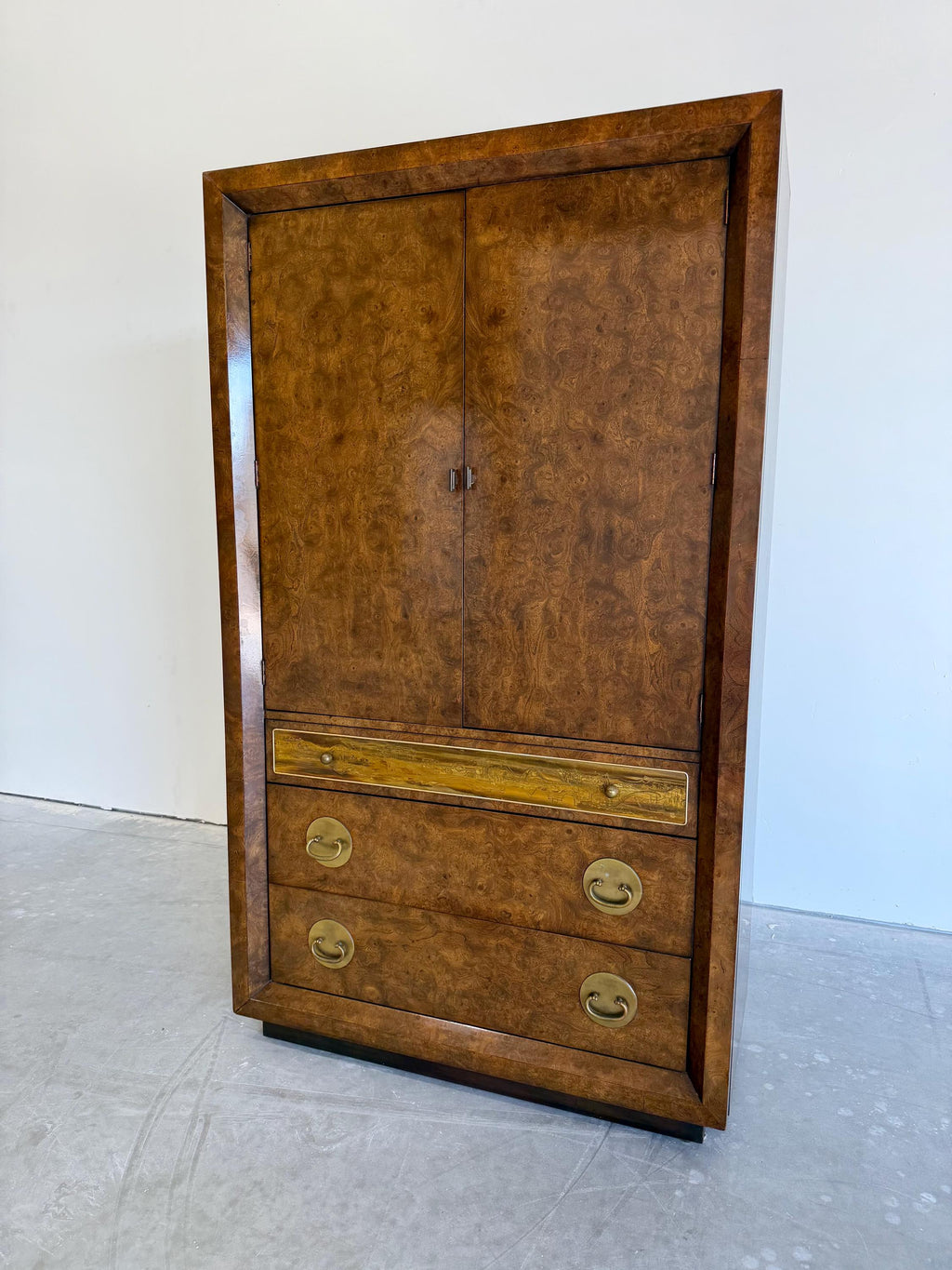 Vintage 1970’s Mastercraft Burlwood Armoire Cabinet with etched Brass