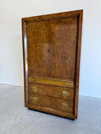 Vintage 1970’s Mastercraft Burlwood Armoire Cabinet with etched Brass