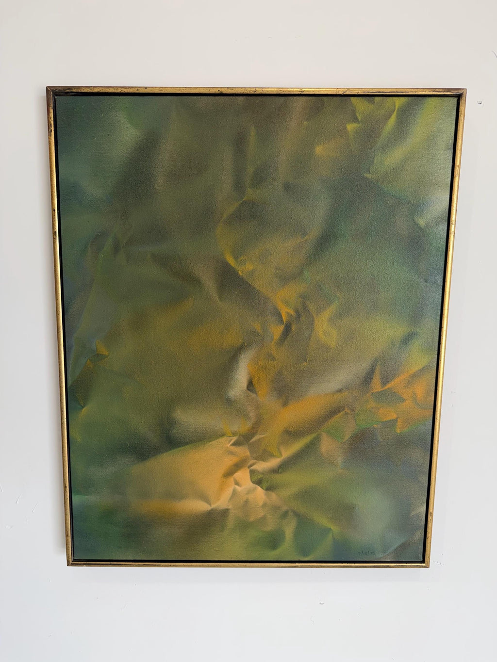 Mid Century Original Abstract Oil Painting, Trompe l'oeil Fabric in Yellow and Green, by Robert Appel