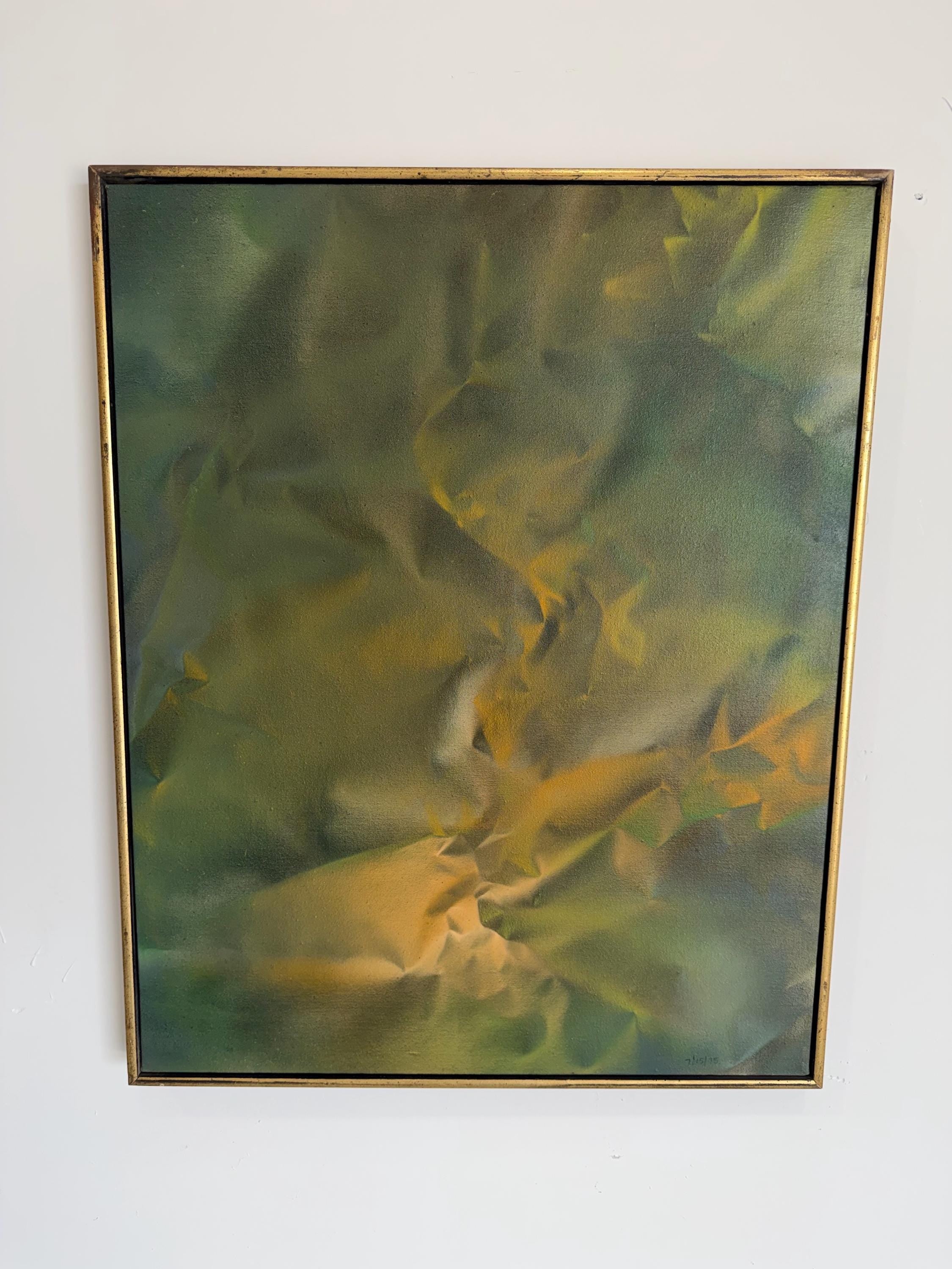 Mid Century Original Abstract Oil Painting, Trompe l'oeil Fabric in Yellow and Green, by Robert Appel