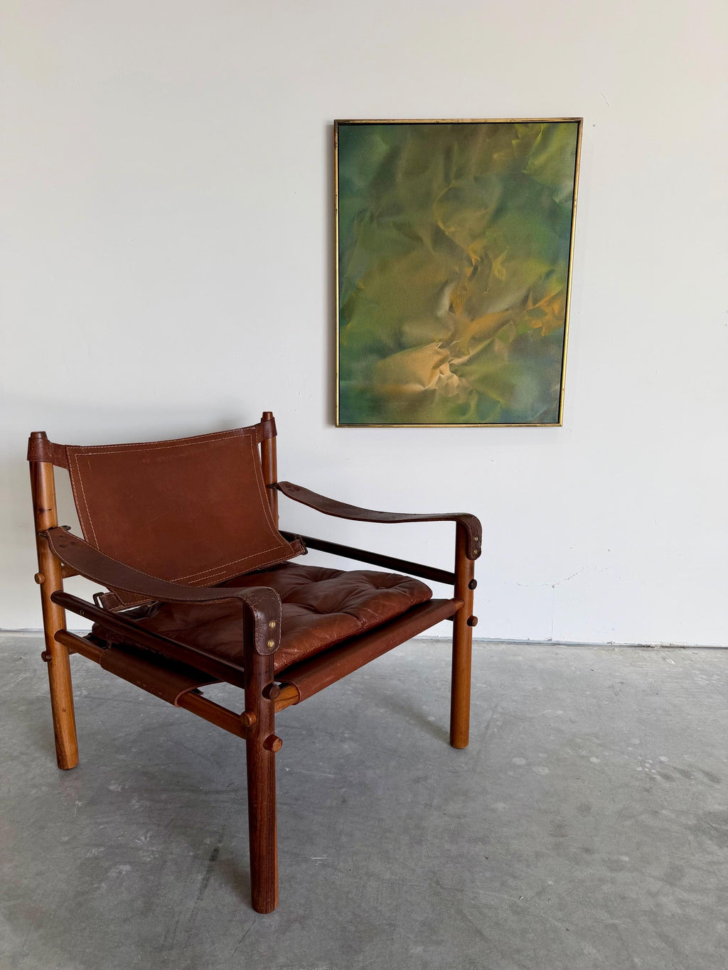 Mid Century Original Abstract Oil Painting, Trompe l'oeil Fabric in Yellow and Green, by Robert Appel