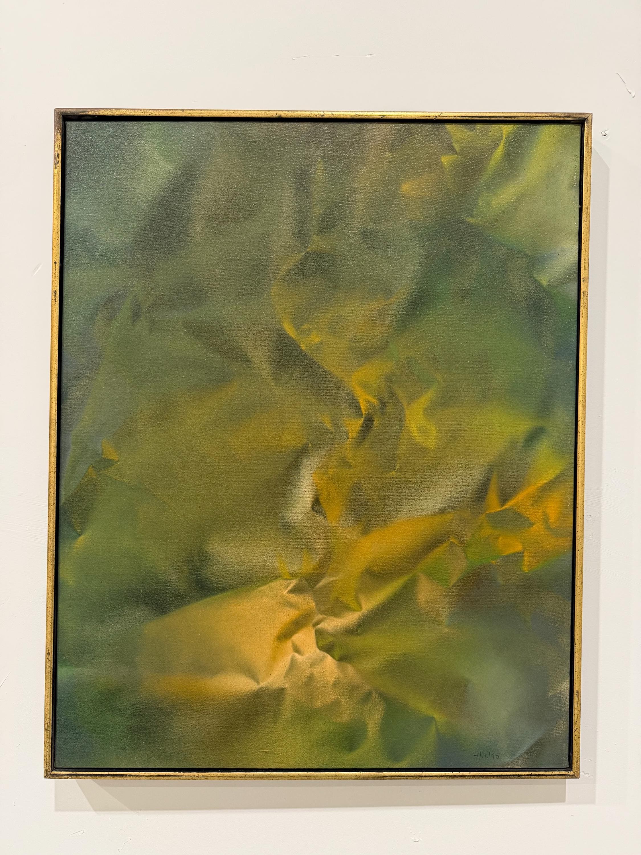 Mid Century Original Abstract Oil Painting, Trompe l'oeil Fabric in Yellow and Green, by Robert Appel
