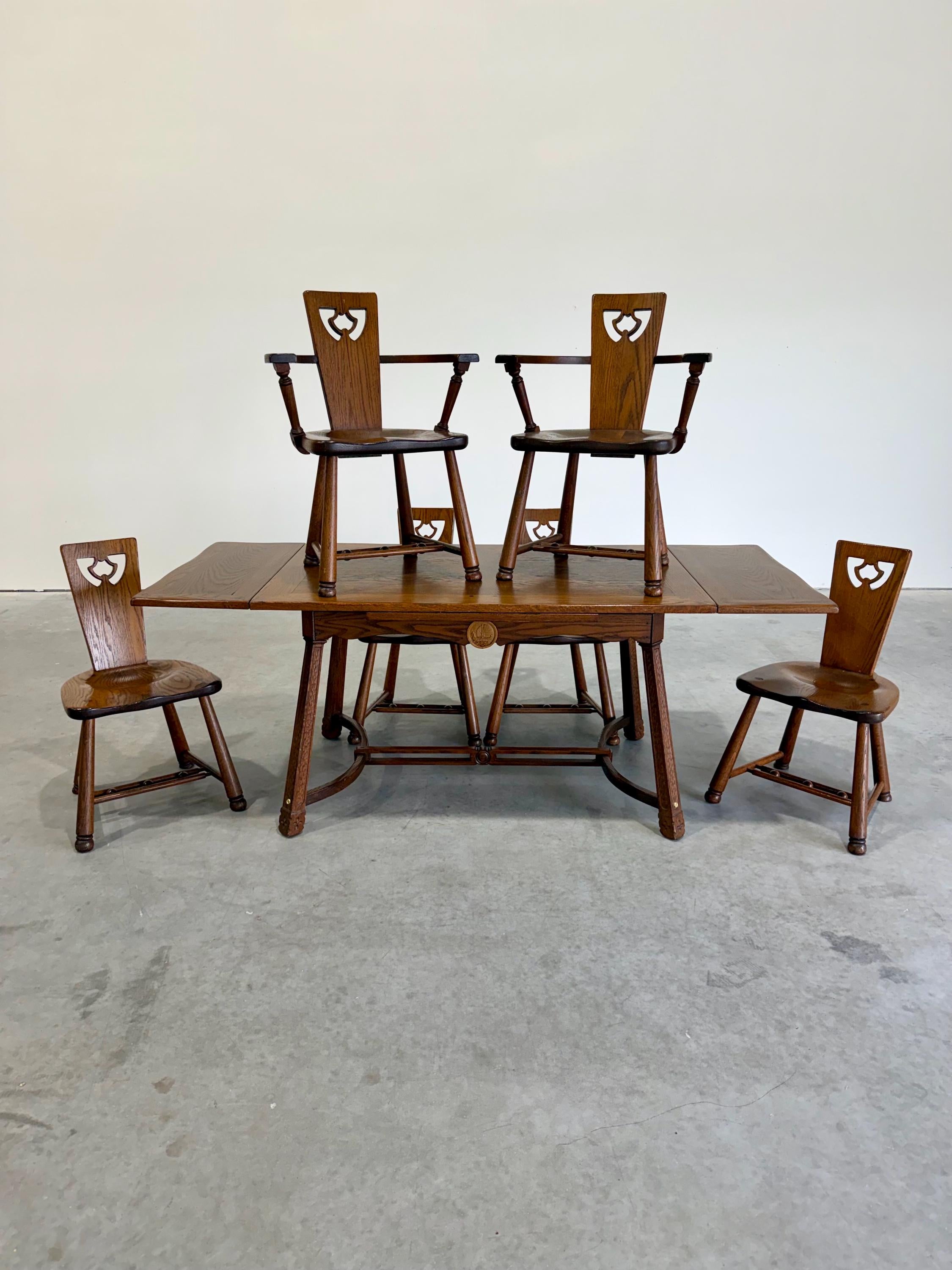Vintage Brutalist Oak Dining Set, Table and 6 Chairs