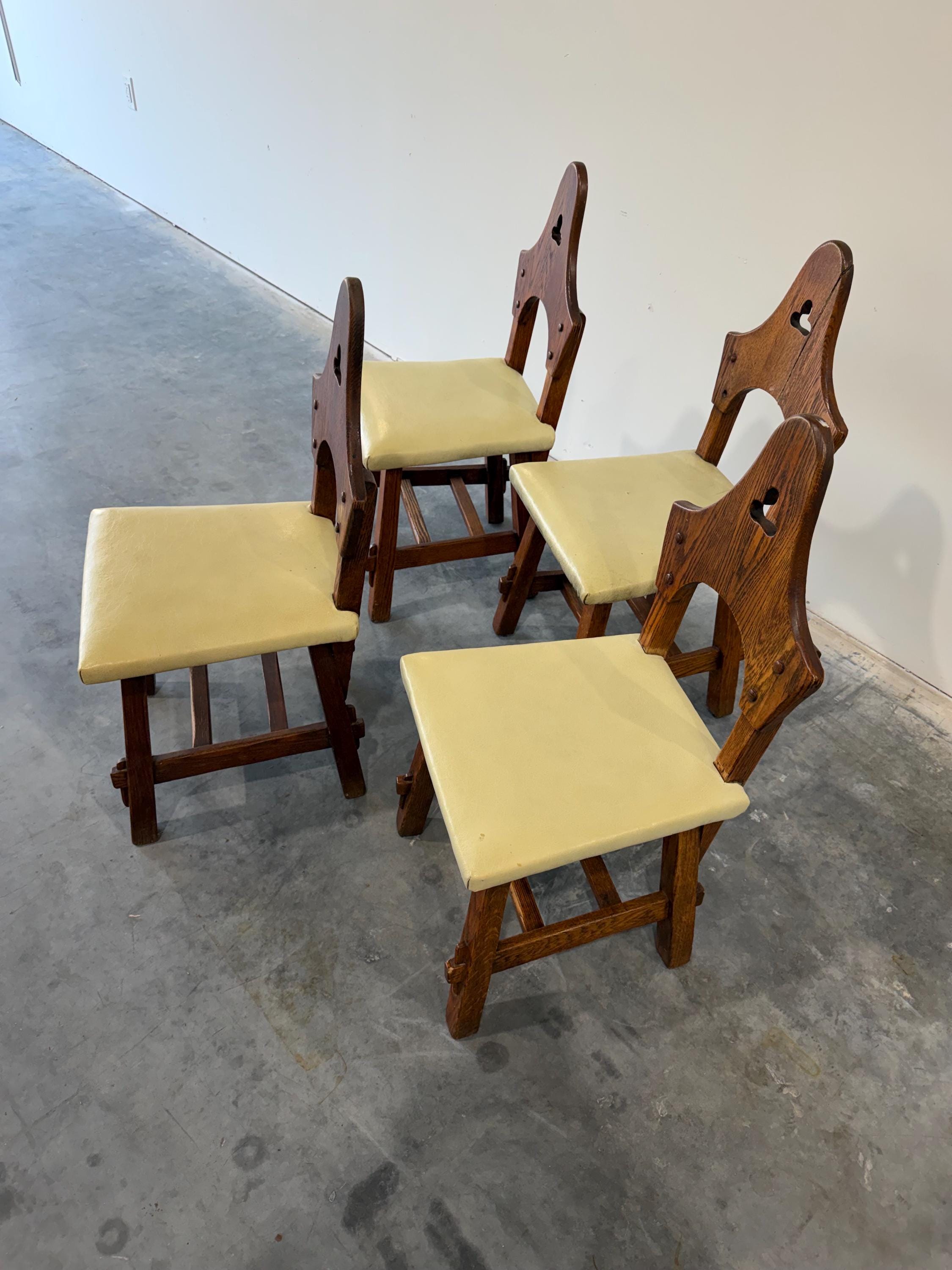 Brutalist Oak Arts and Crafts Antique Dining Chairs, Set of 4, in Manner of Charles Limbert