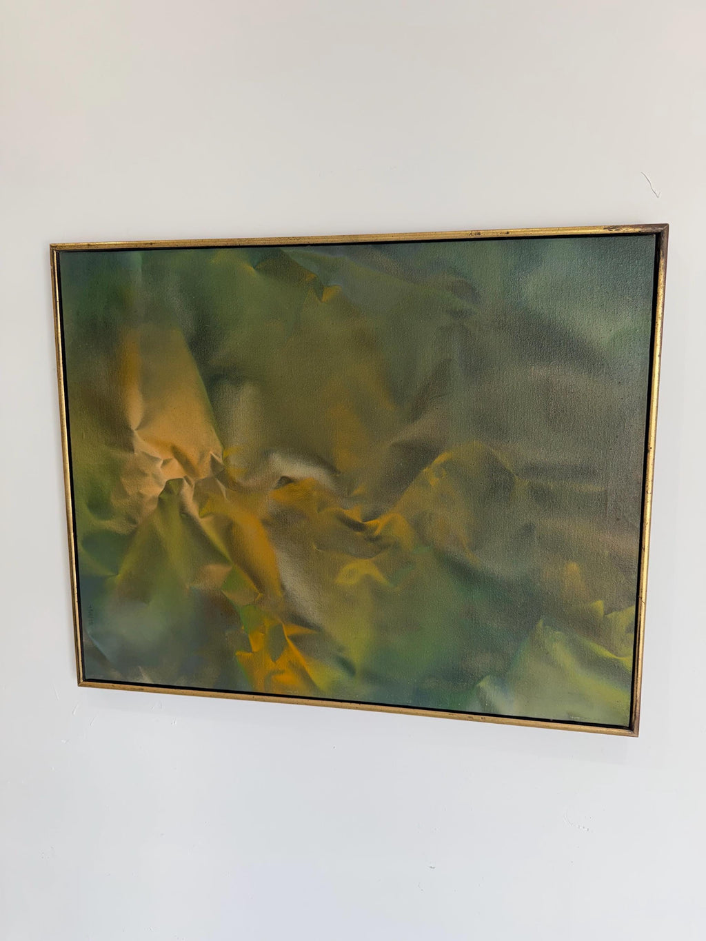 Mid Century Original Abstract Oil Painting, Trompe l'oeil Fabric in Yellow and Green, by Robert Appel