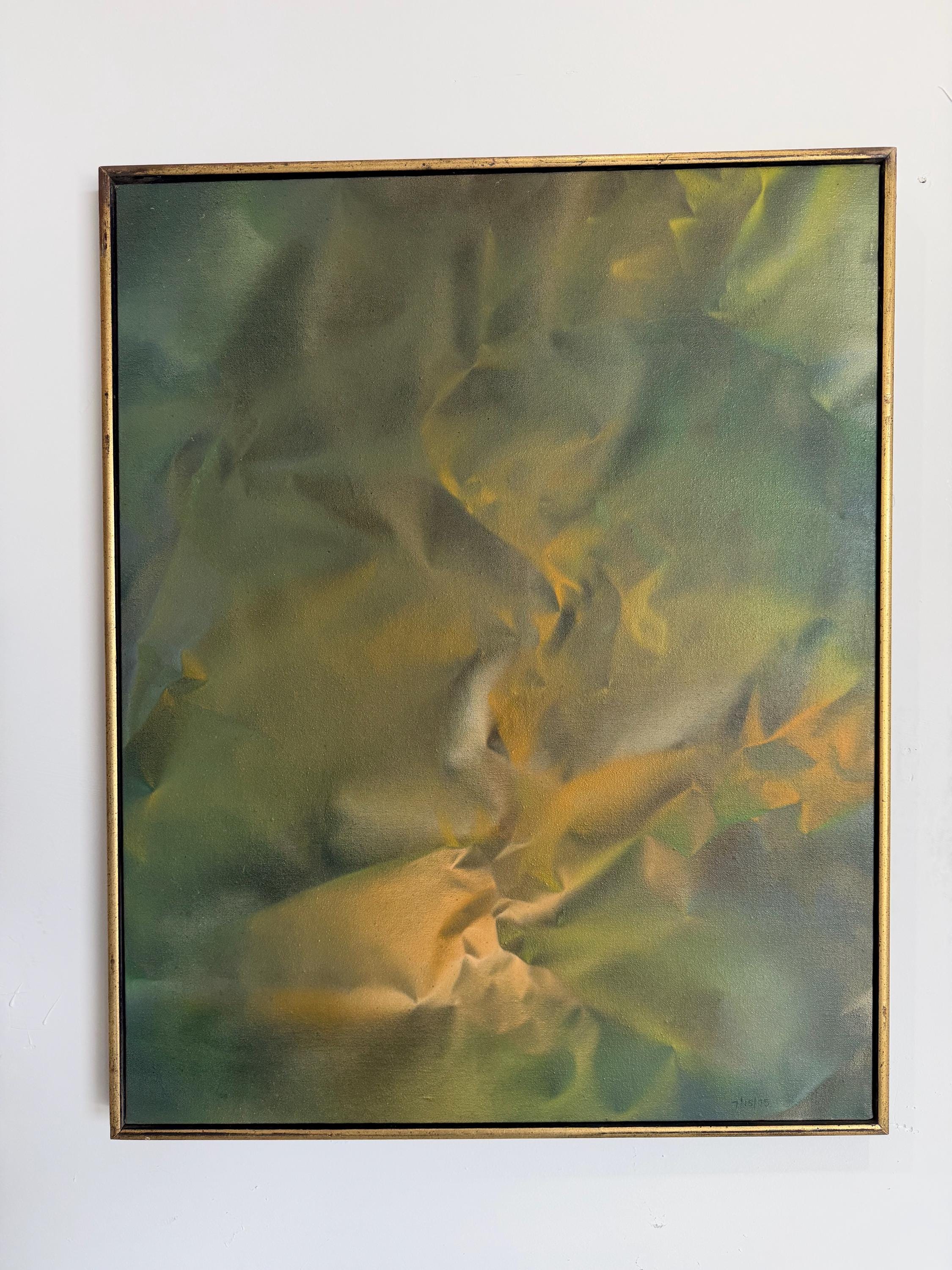 Mid Century Original Abstract Oil Painting, Trompe l'oeil Fabric in Yellow and Green, by Robert Appel