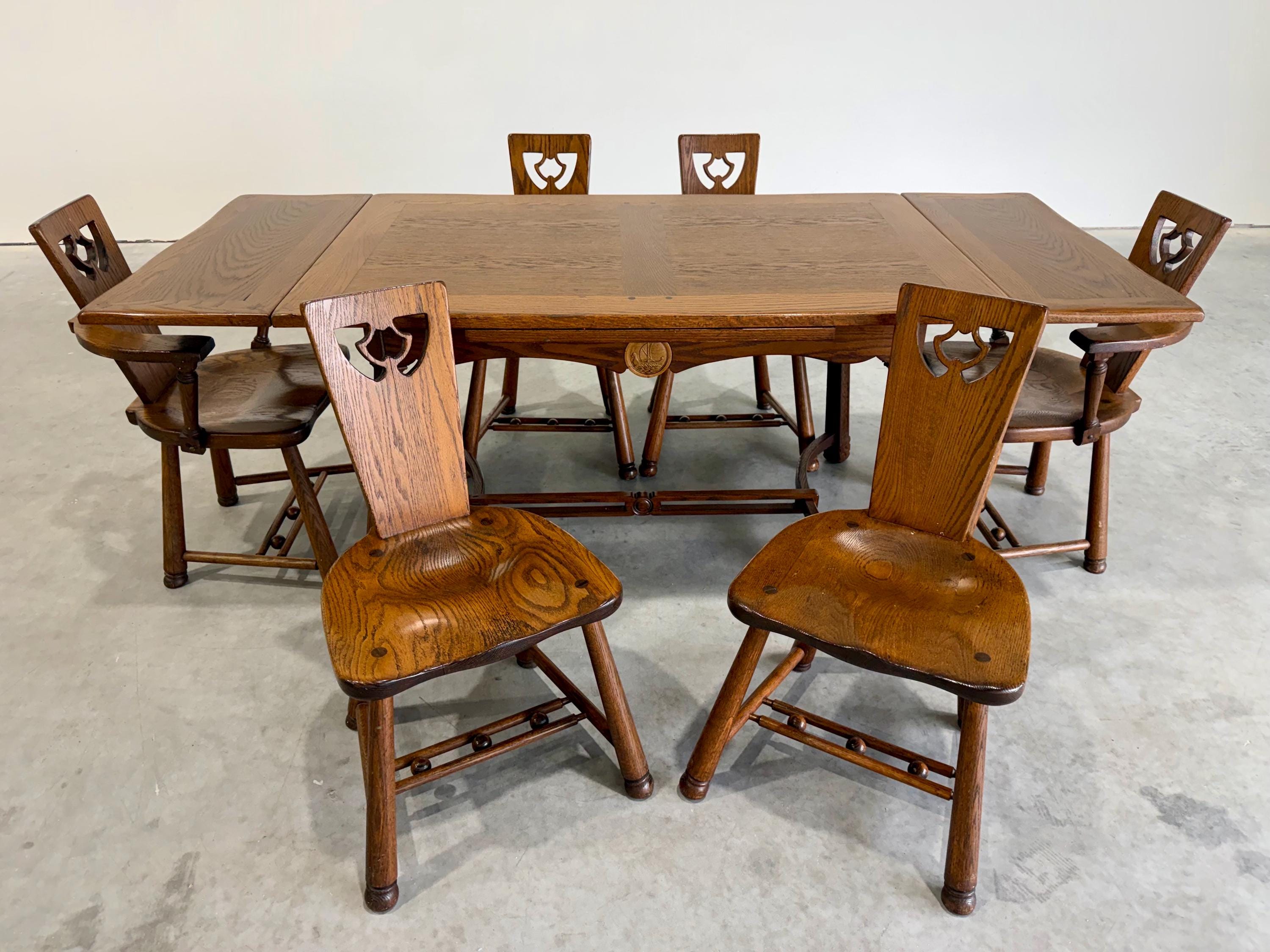 Vintage Brutalist Oak Dining Set, Table and 6 Chairs