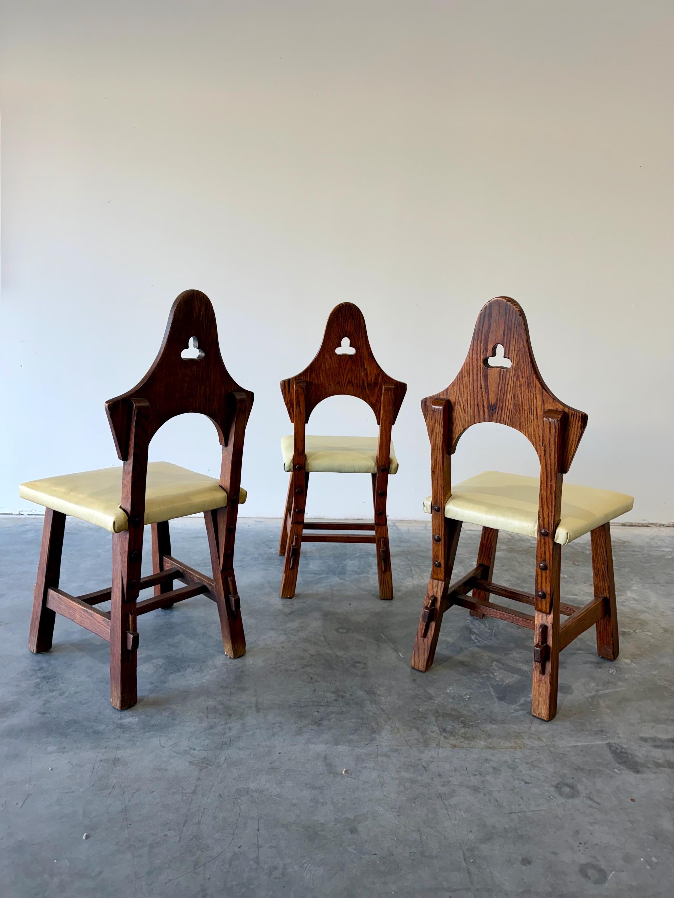 Brutalist Oak Arts and Crafts Antique Dining Chairs, Set of 4, in Manner of Charles Limbert