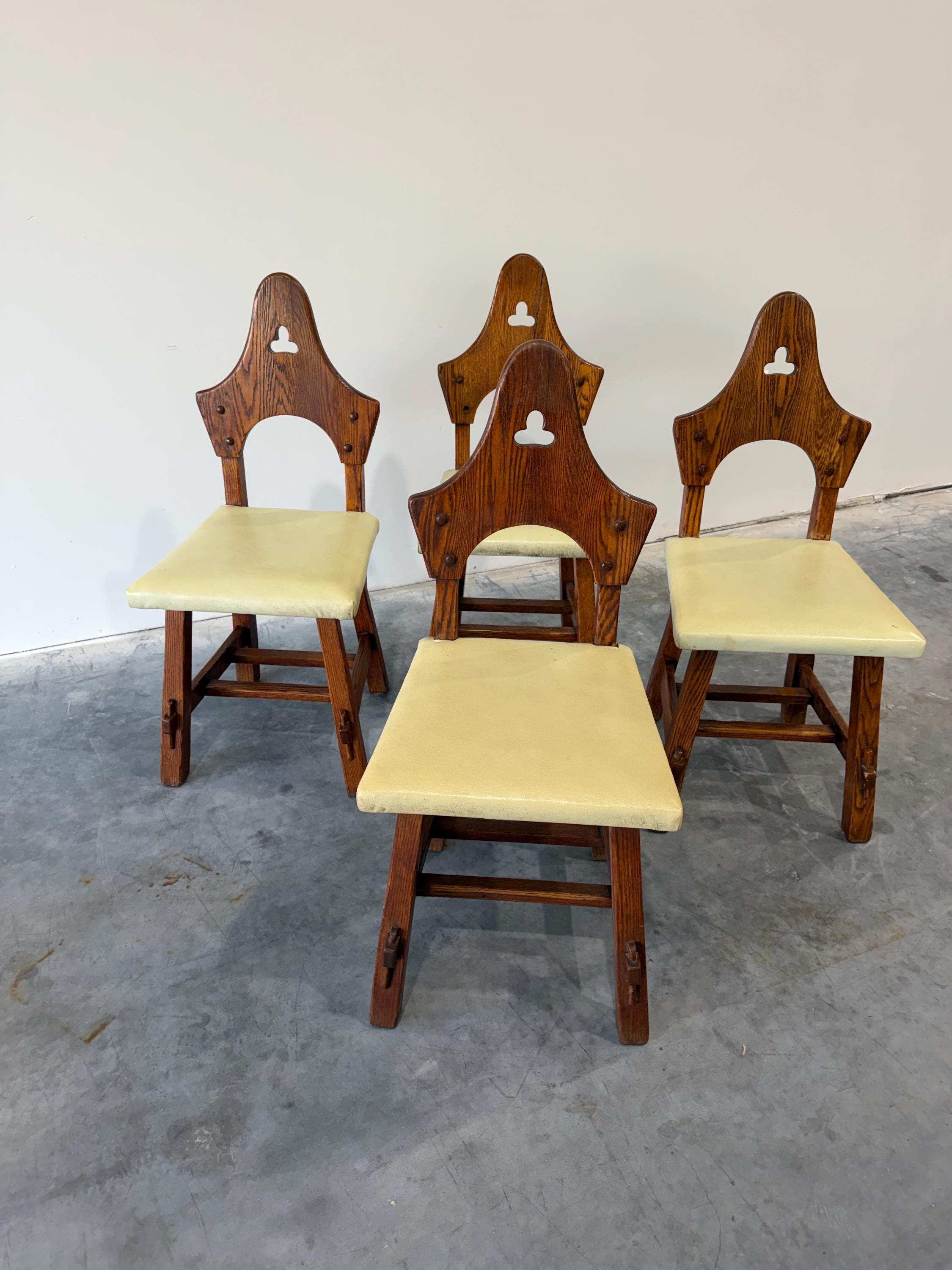 Brutalist Oak Arts and Crafts Antique Dining Chairs, Set of 4, in Manner of Charles Limbert