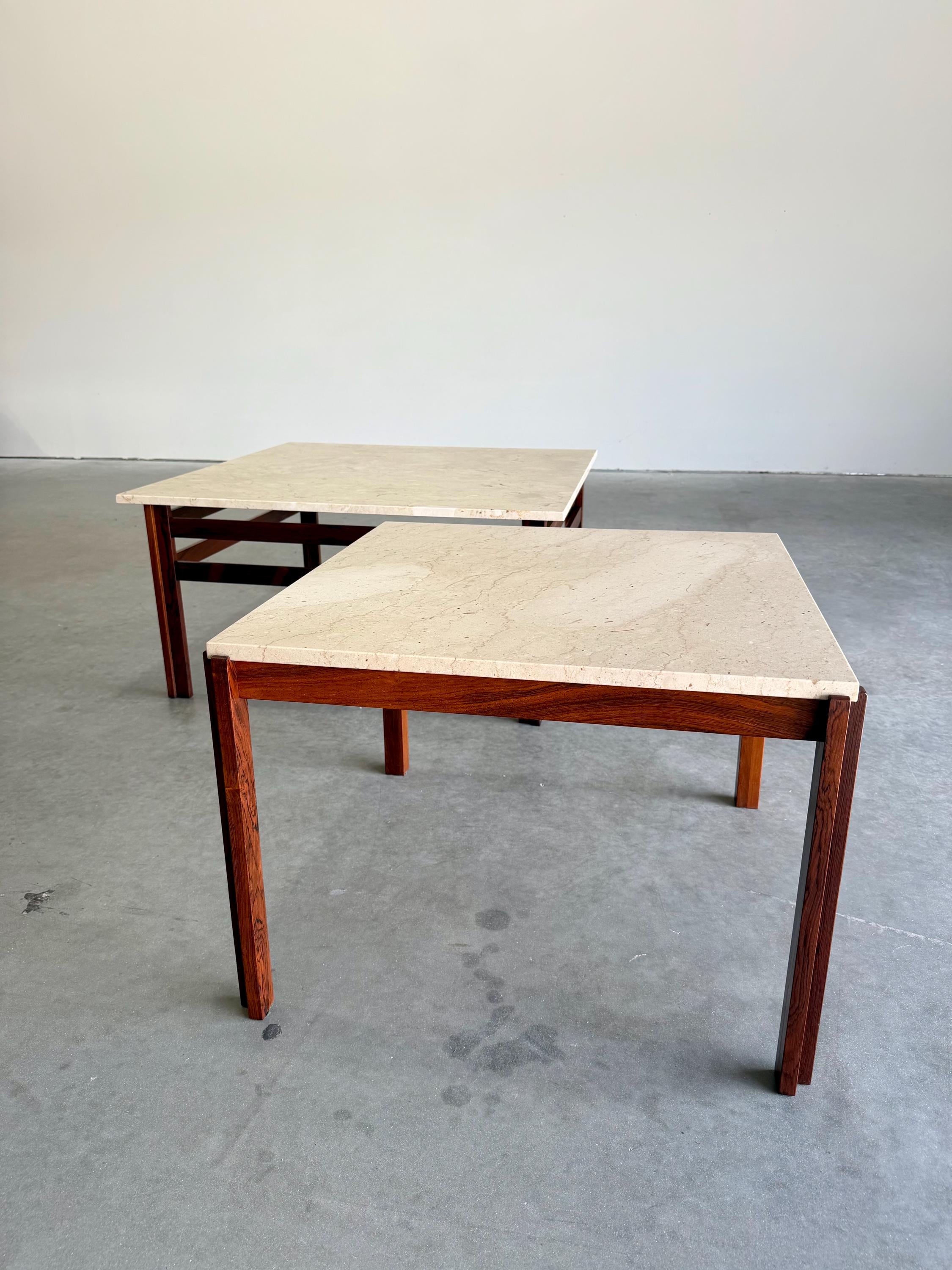Mid Century Danish Rosewood and Travertine Coffee and Side Table Set
