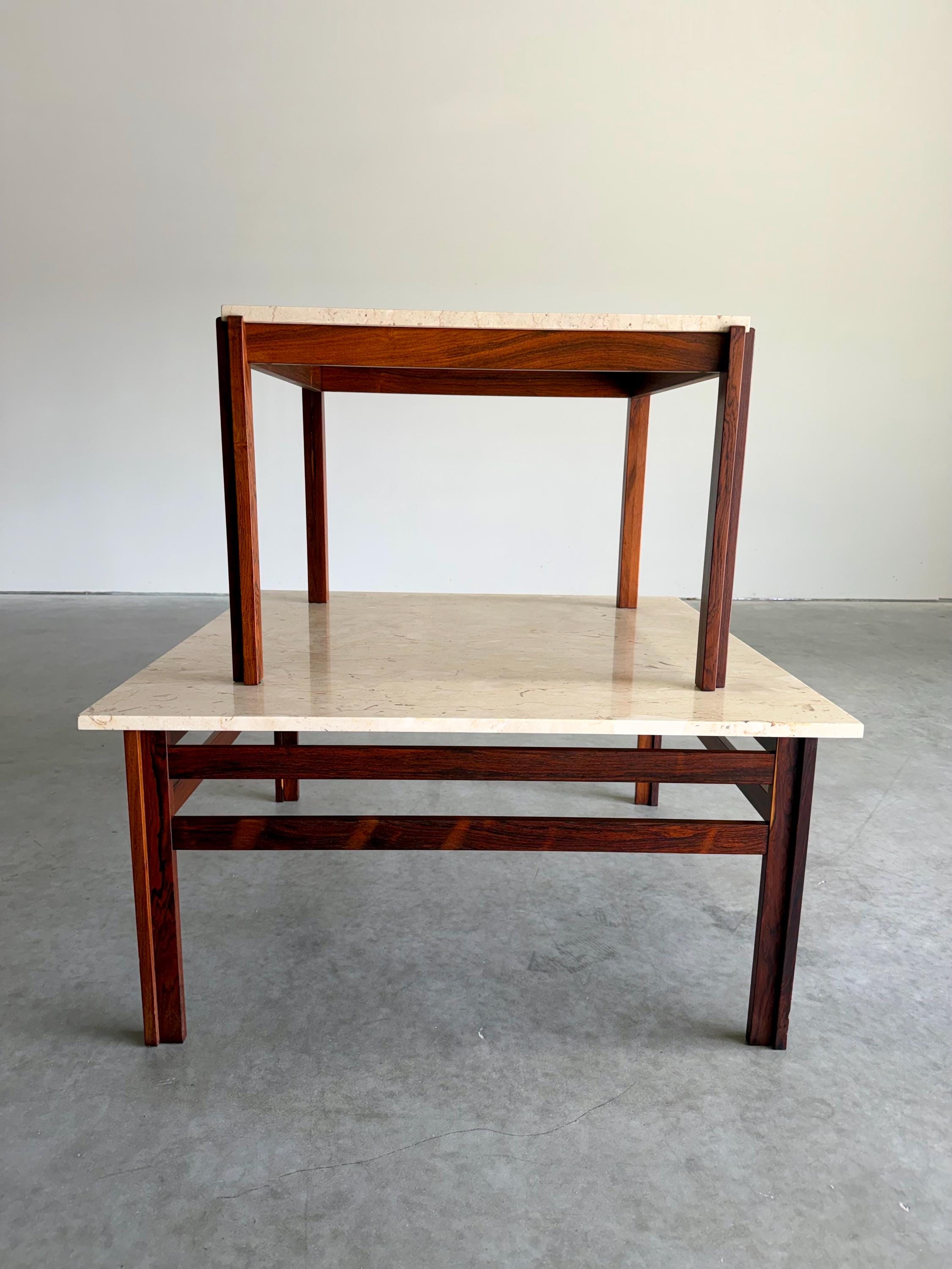 Mid Century Danish Rosewood and Travertine Coffee and Side Table Set