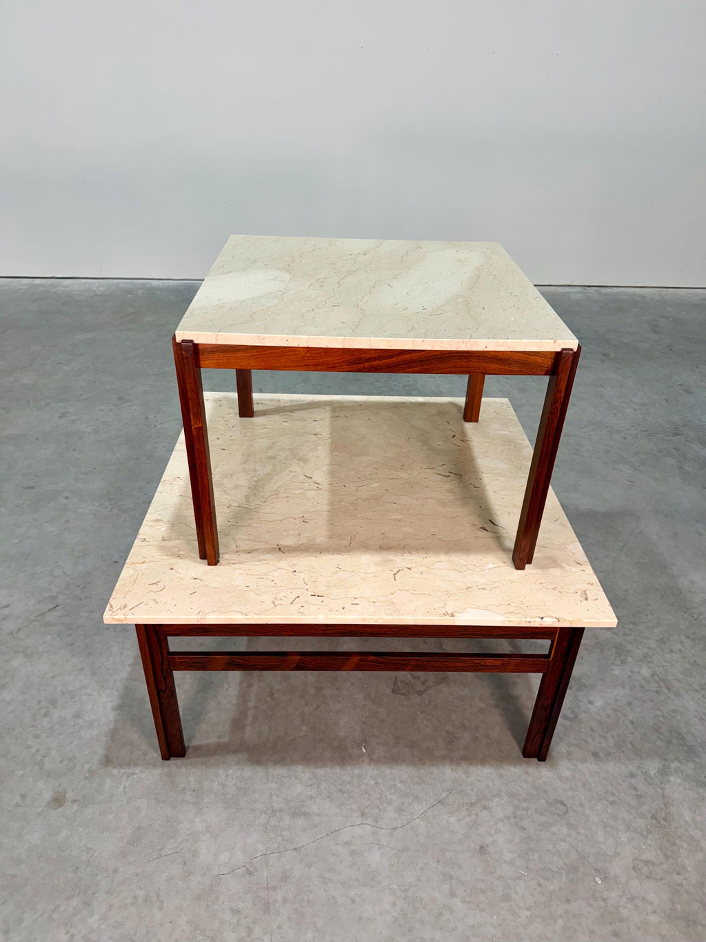 Mid Century Danish Rosewood and Travertine Coffee and Side Table Set