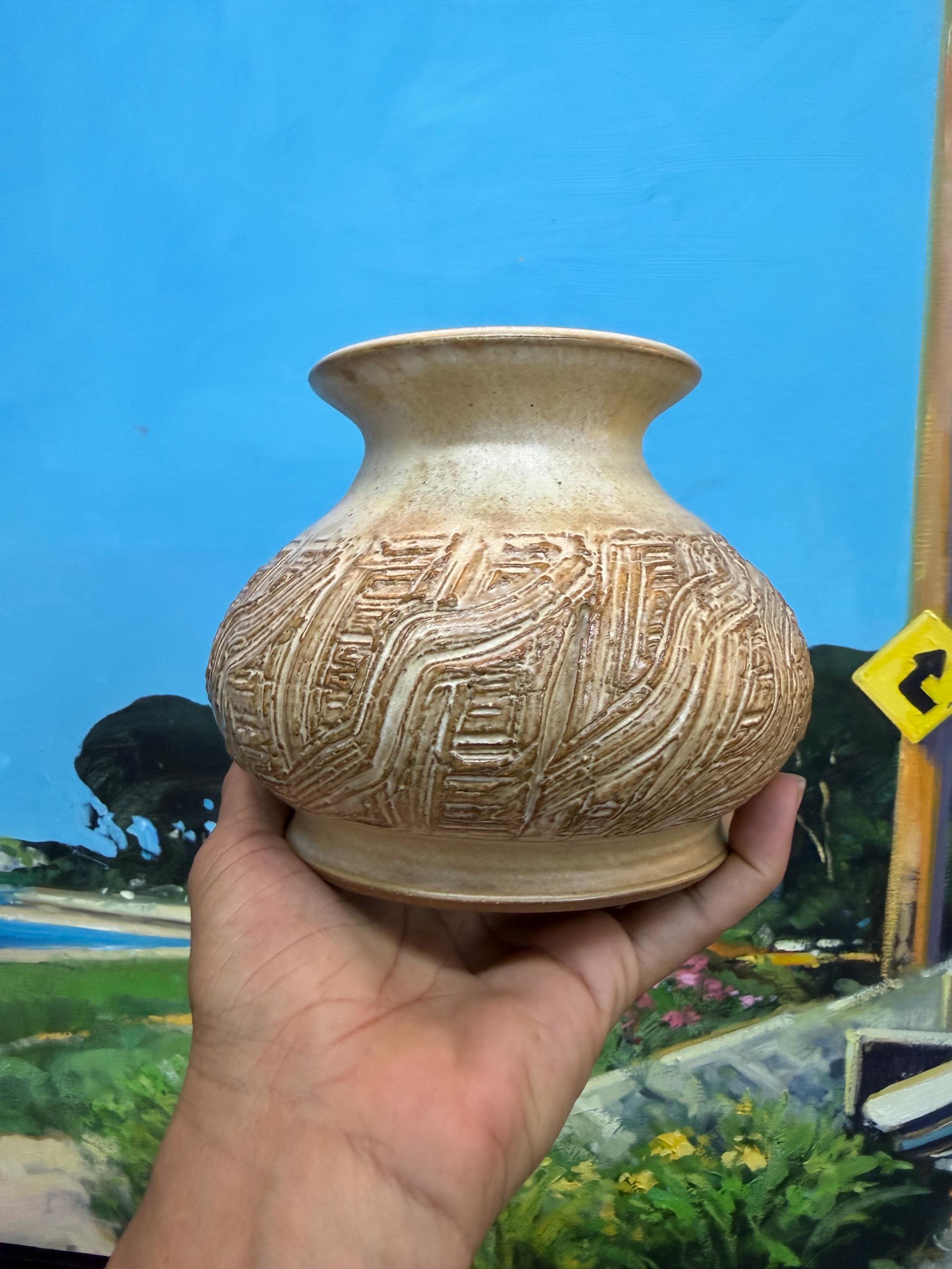 Mid Century Studio Pottery Incised Carved Vase