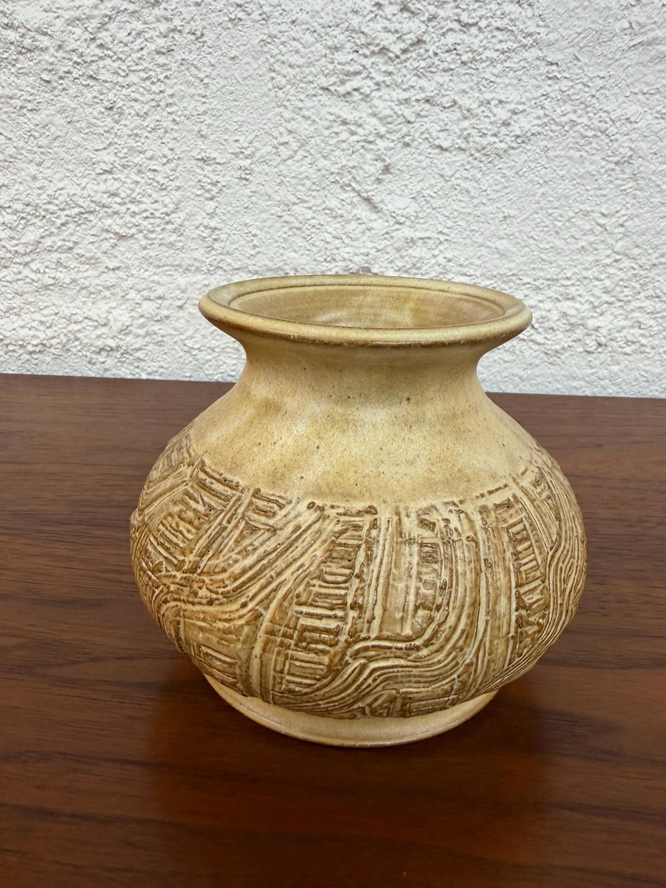 Mid Century Studio Pottery Incised Carved Vase