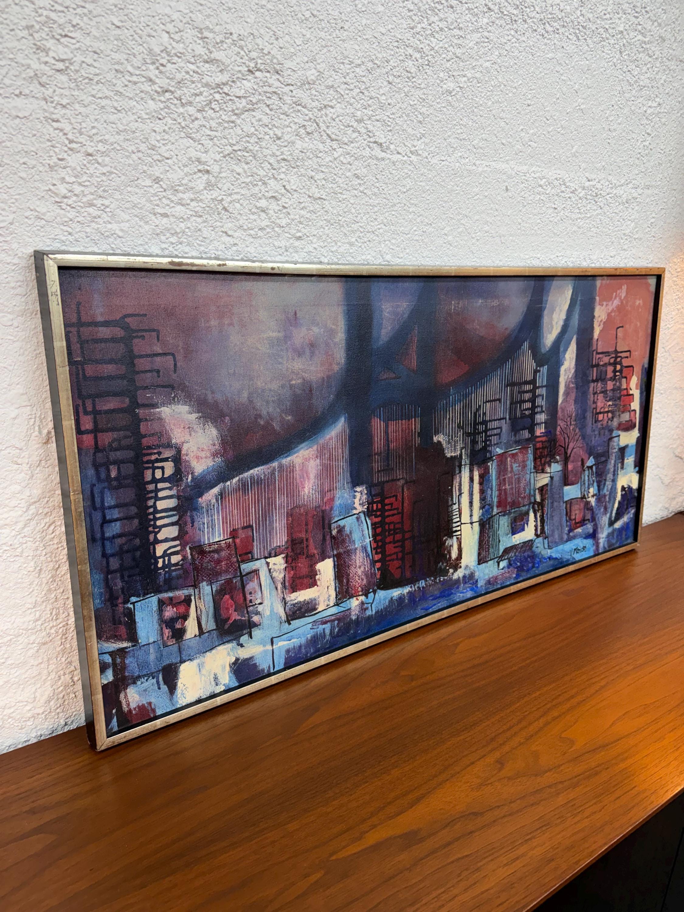 Mid Century Original Abstract Landscape Oil Painting by V. Matusko, “Detroit Oil” 1958