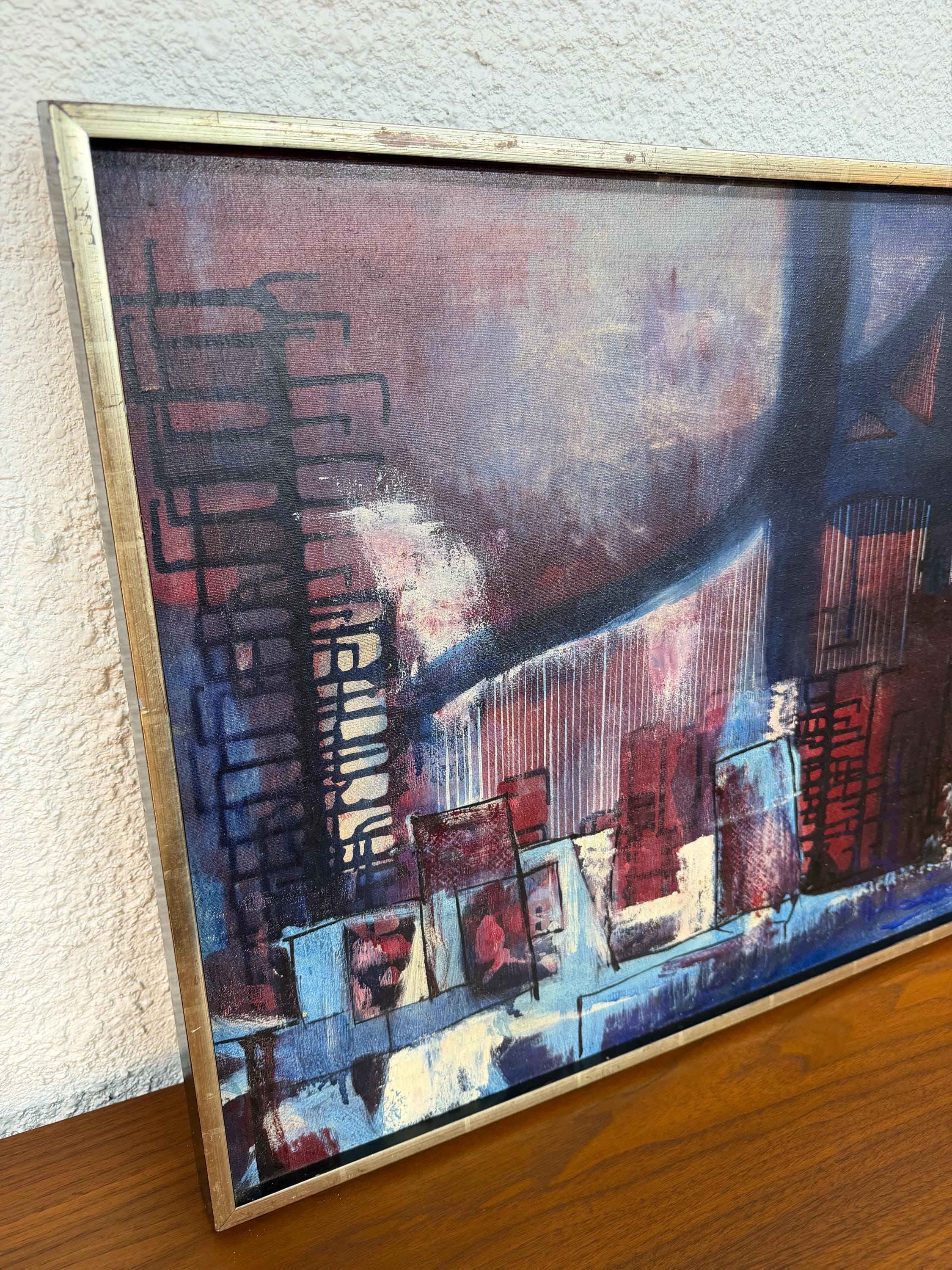 Mid Century Original Abstract Landscape Oil Painting by V. Matusko, “Detroit Oil” 1958