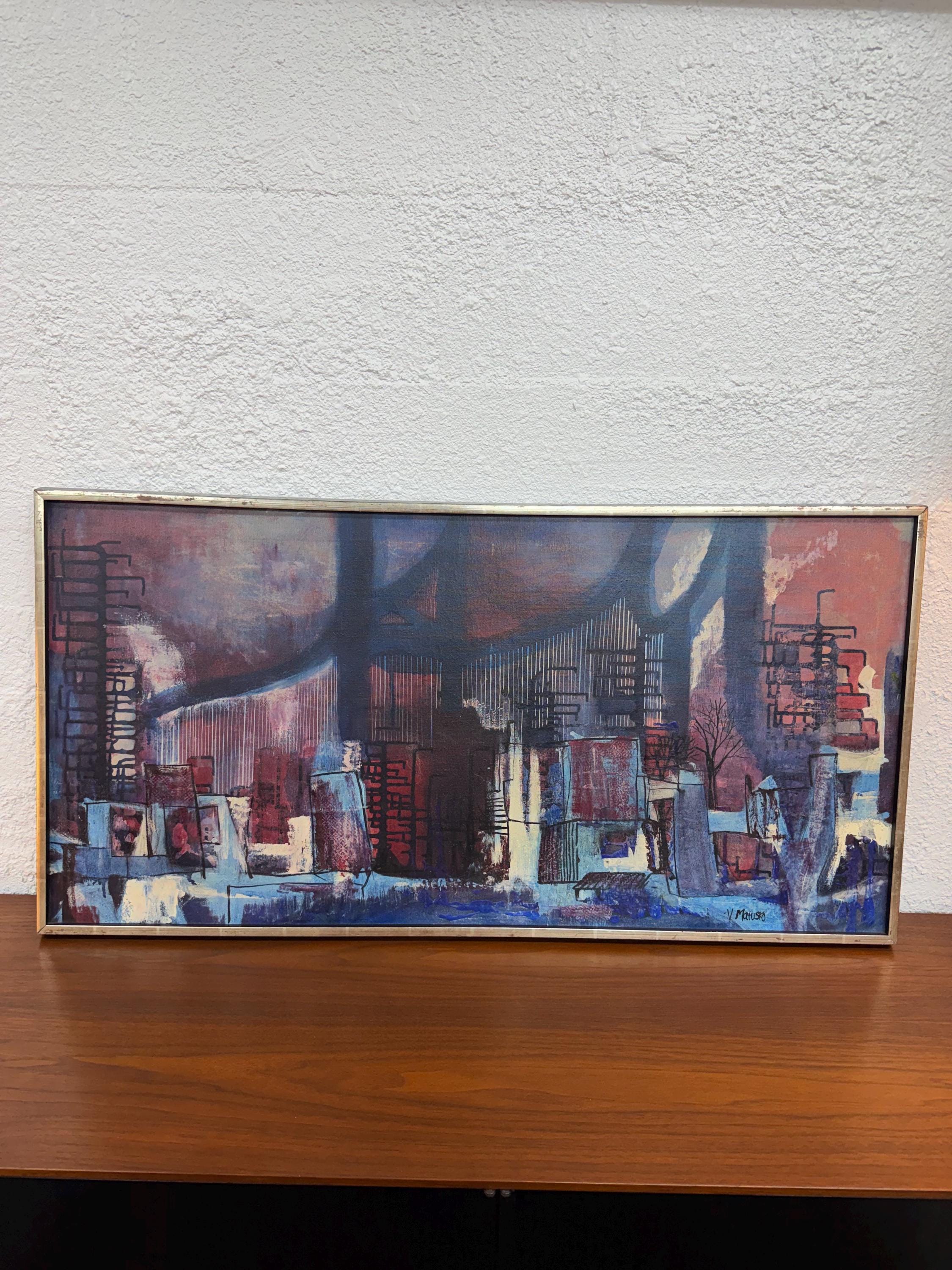 Mid Century Original Abstract Landscape Oil Painting by V. Matusko, “Detroit Oil” 1958