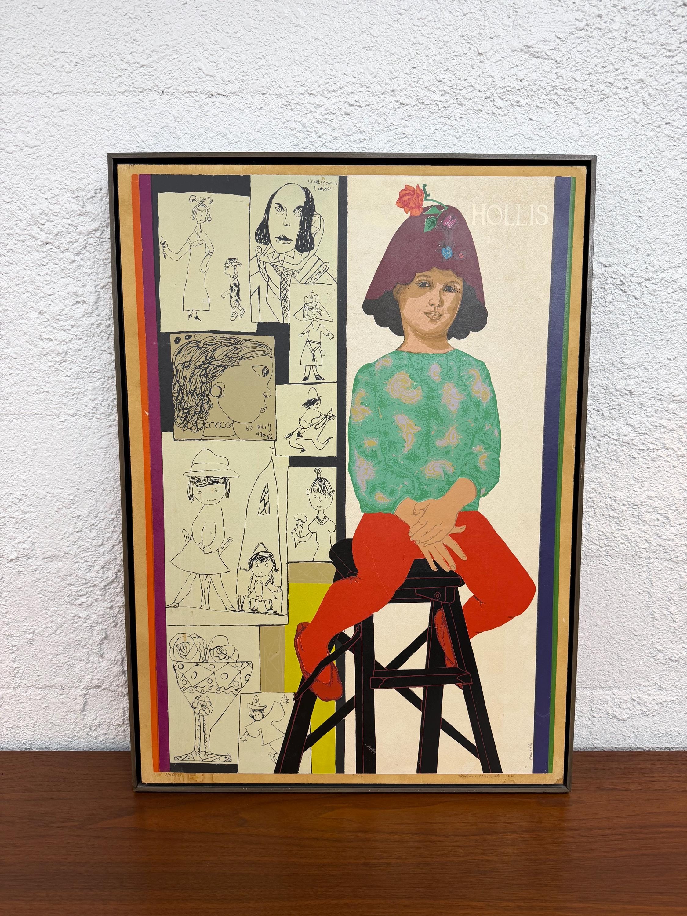Mid Century Original Figurative Mixed Media Painting on Board, “Hollis” by Miriam Haworth 1964