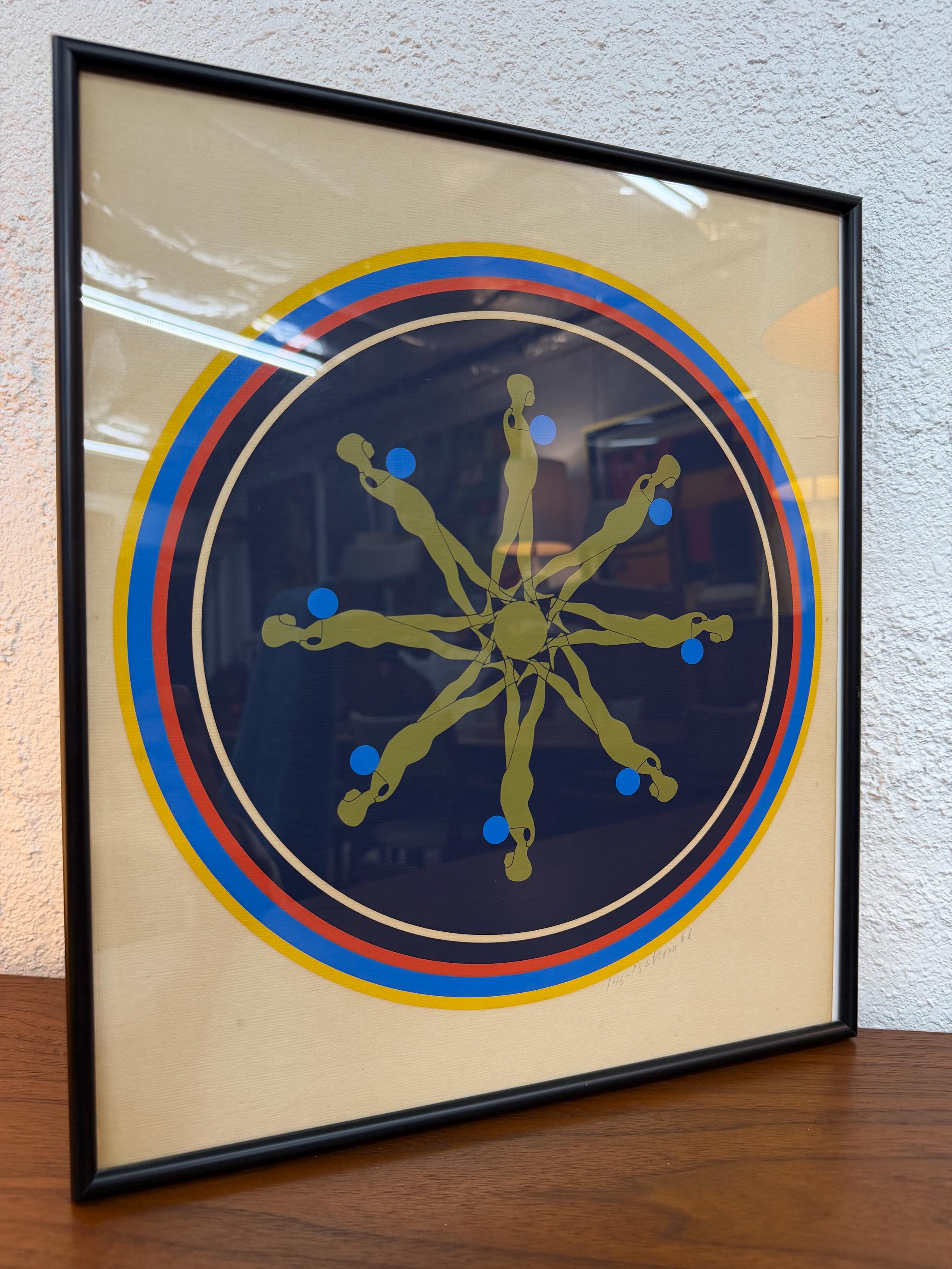 Mid Century Op Art Signed Numbered Serigraph, Falling Man Medallion  by Ernest Tino Trova