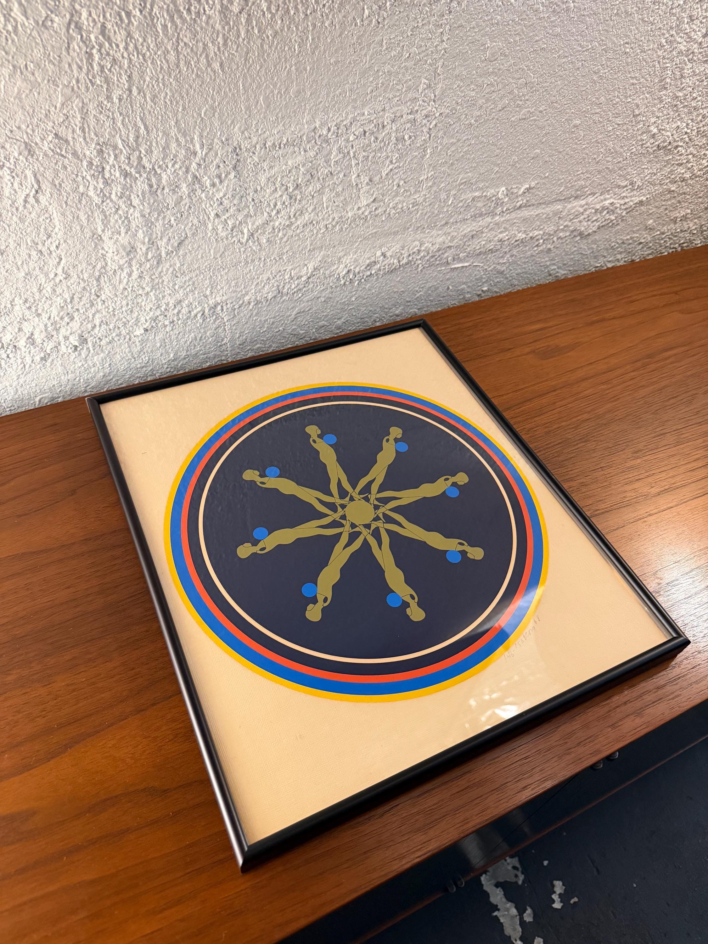 Mid Century Op Art Signed Numbered Serigraph, Falling Man Medallion  by Ernest Tino Trova
