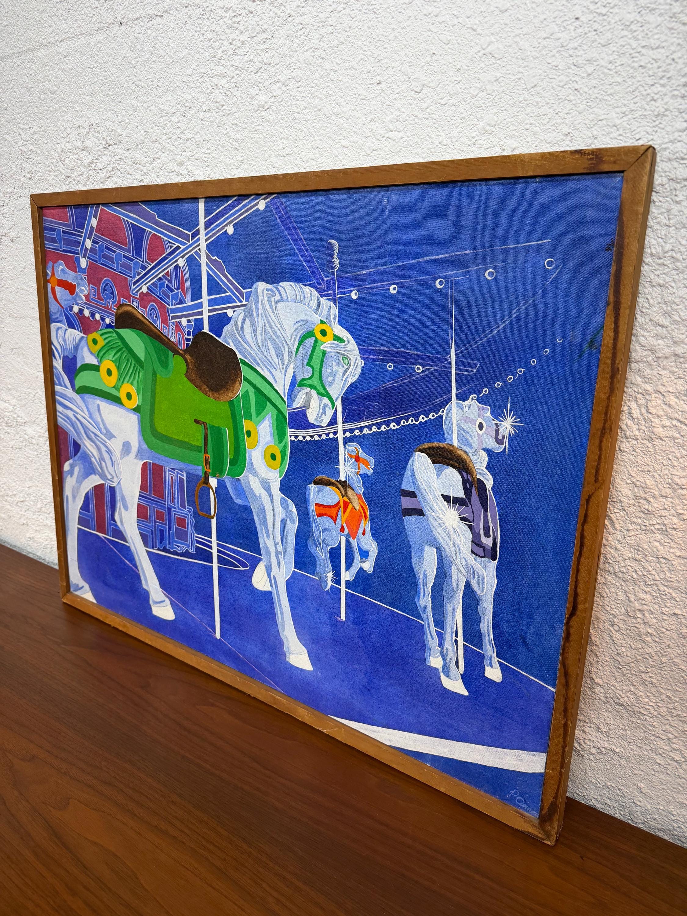 Vintage Modernist Op Art Carousel Horses Painting, Oil on Canvas