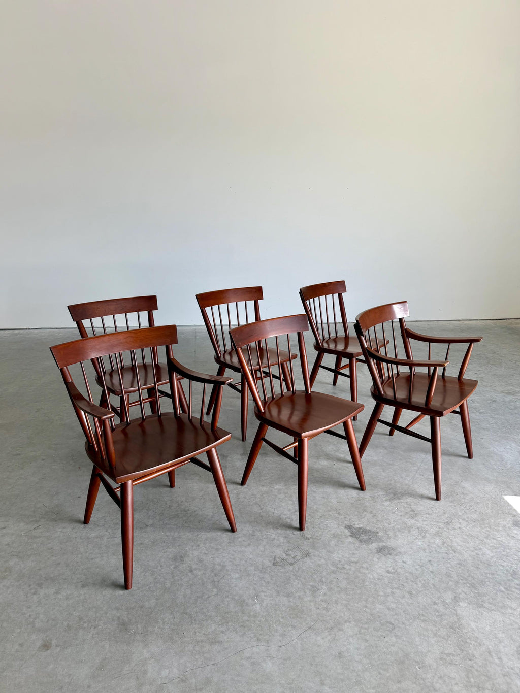 Mid Century Modern Solid Cherry Windsor Style Dining Chairs by Willett, Set of 6