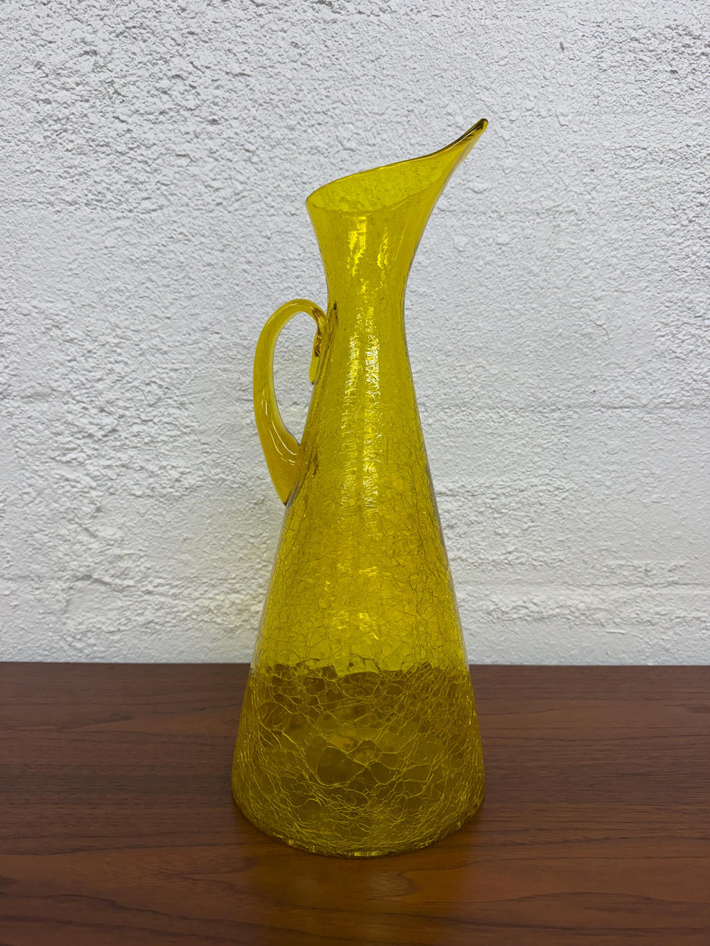 Blenko Large Jonquil Crackle Glass Model 976 Pitcher, Mid Century Modern