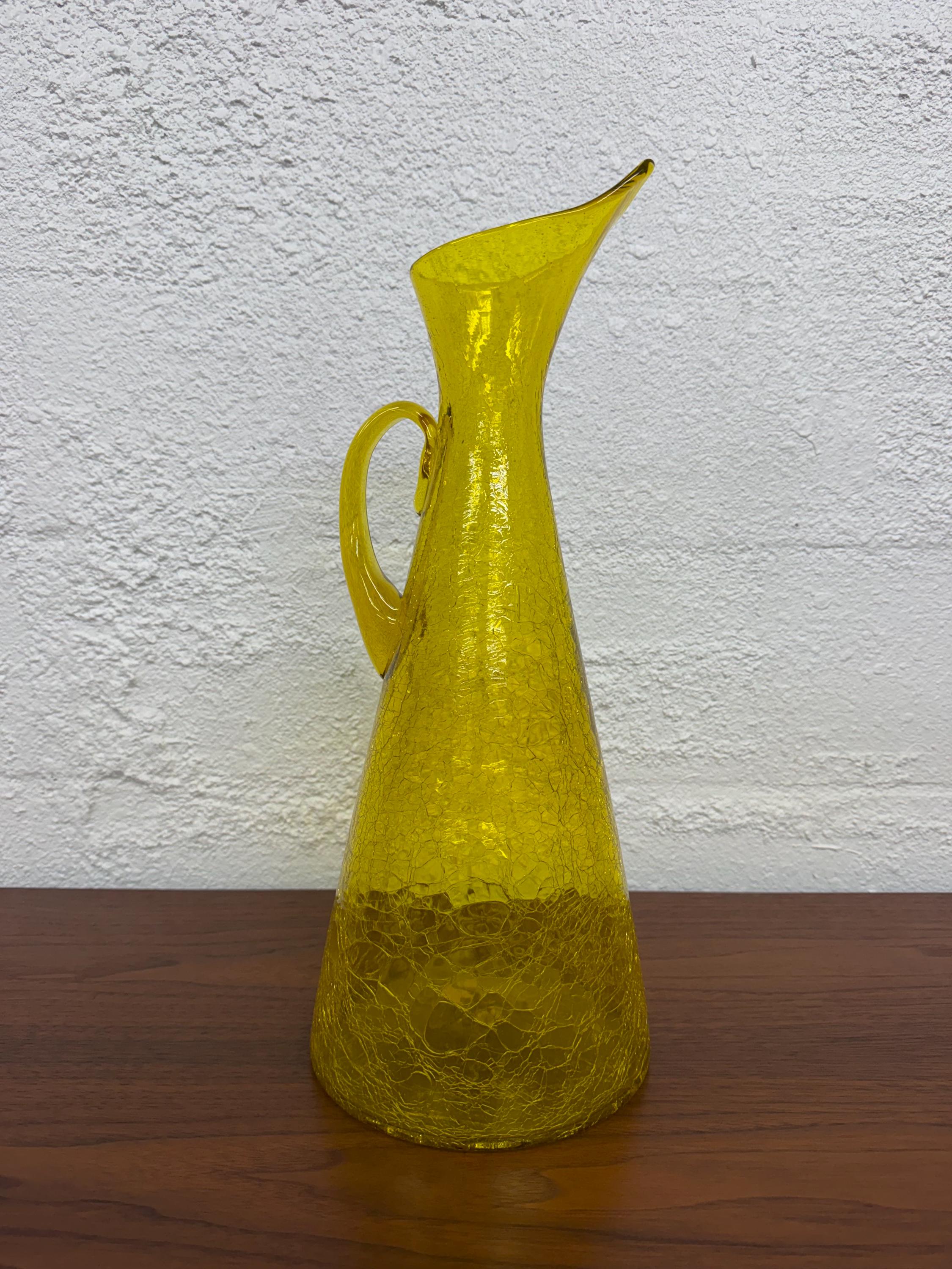 Blenko Large Jonquil Crackle Glass Model 976 Pitcher, Mid Century Modern