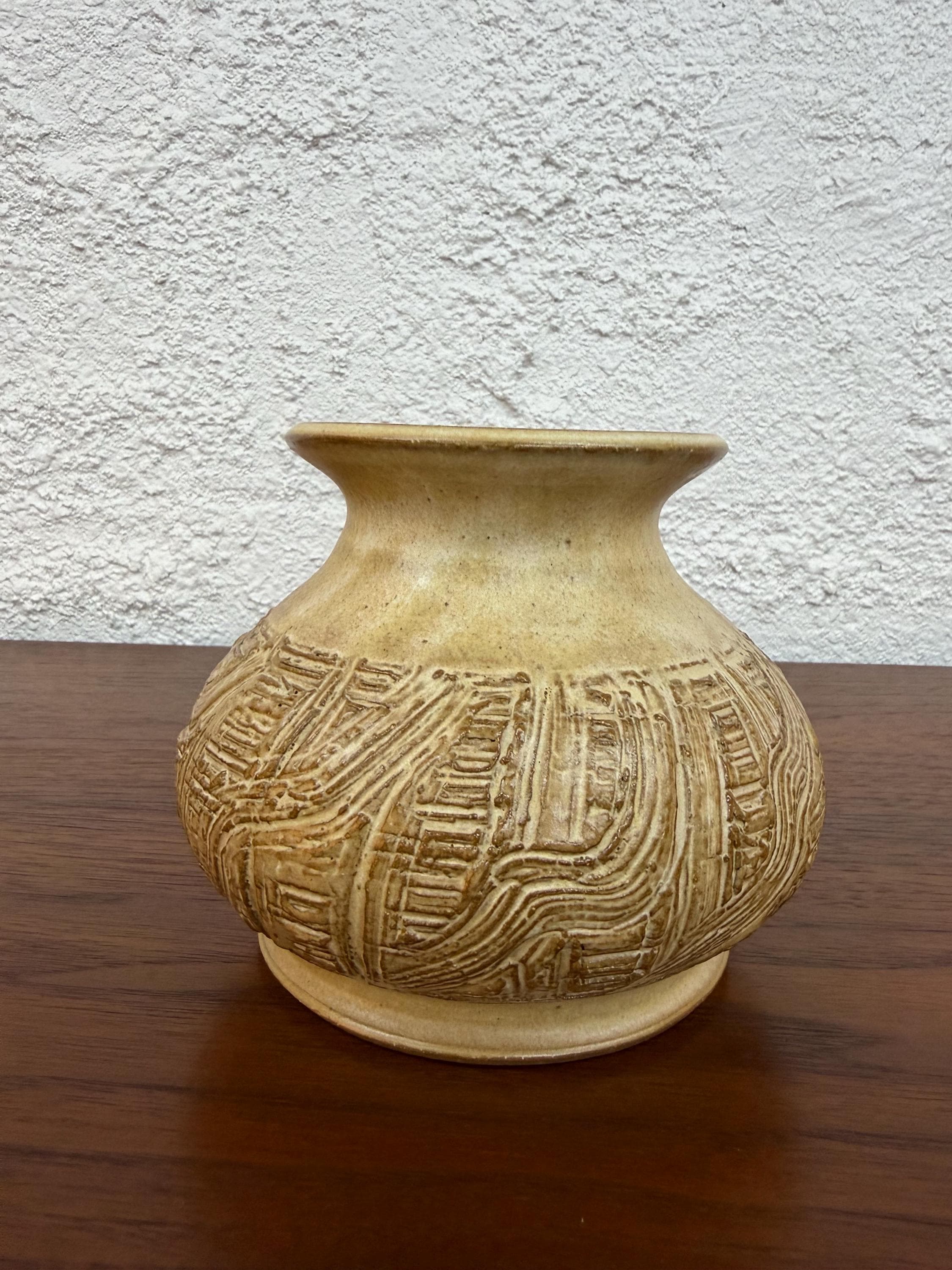 Mid Century Studio Pottery Incised Carved Vase