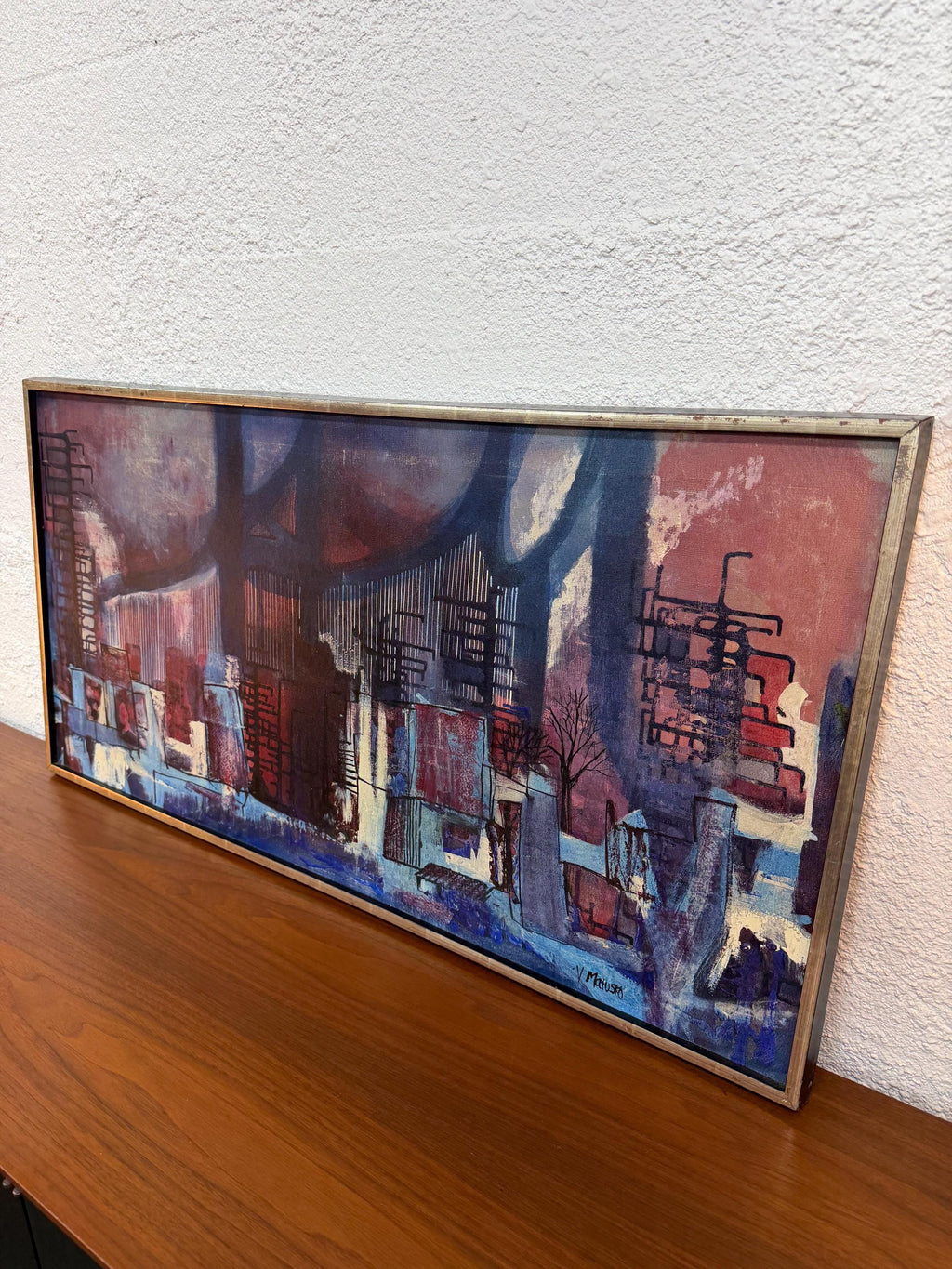 Mid Century Original Abstract Landscape Oil Painting by V. Matusko, “Detroit Oil” 1958