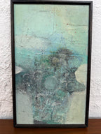 Small Mid Century Original Textured Abstract Mixed Media Painting in Soft Blues and Gray