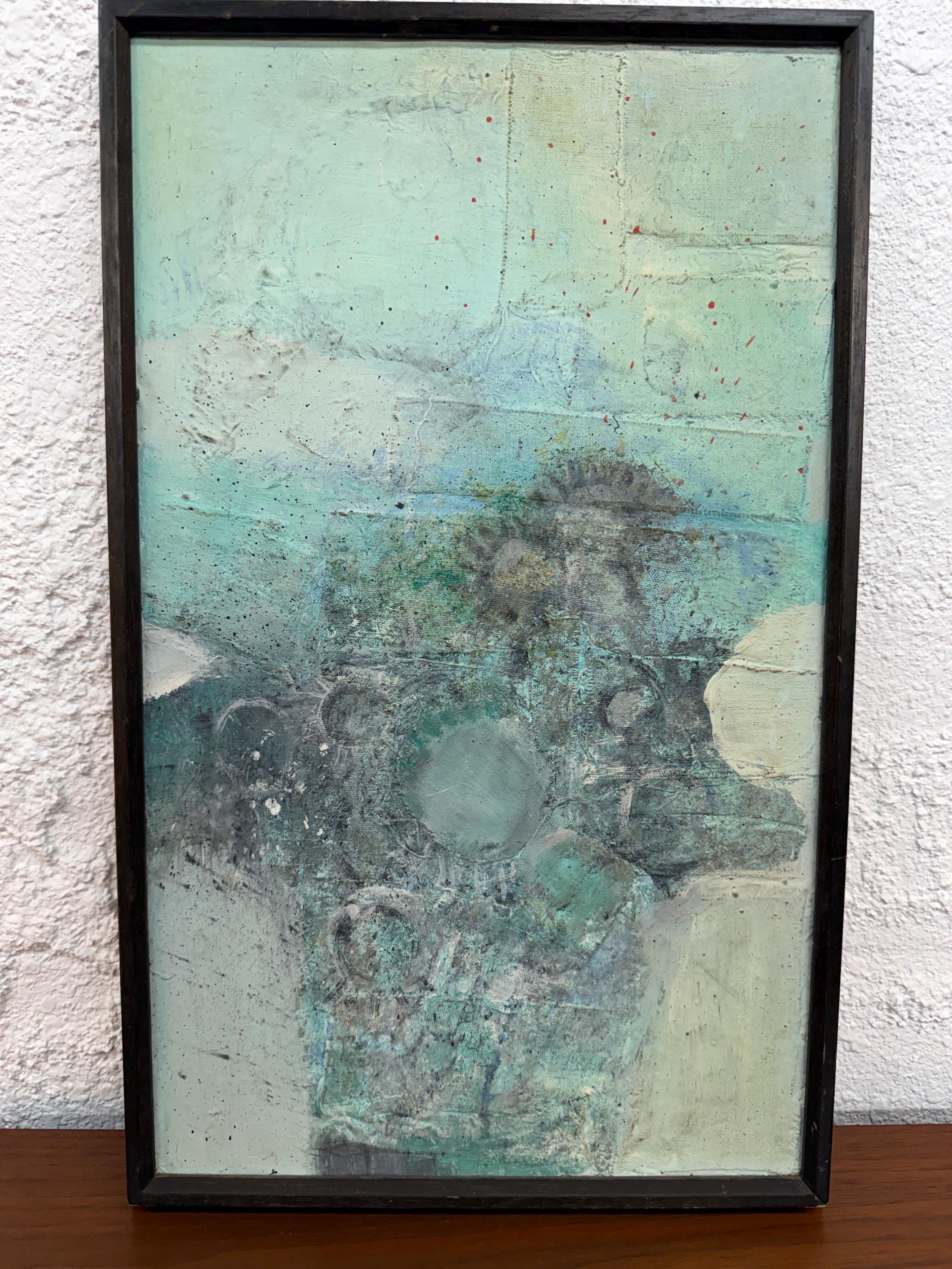 Small Mid Century Original Textured Abstract Mixed Media Painting in Soft Blues and Gray