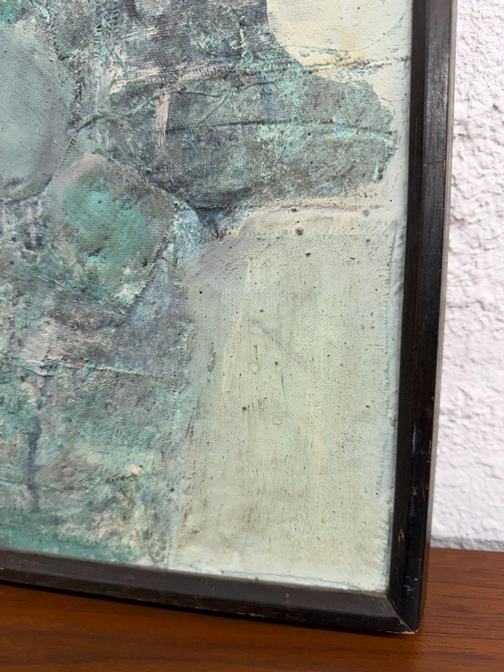 Small Mid Century Original Textured Abstract Mixed Media Painting in Soft Blues and Gray