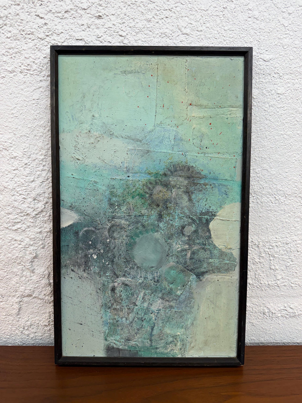 Small Mid Century Original Textured Abstract Mixed Media Painting in Soft Blues and Gray