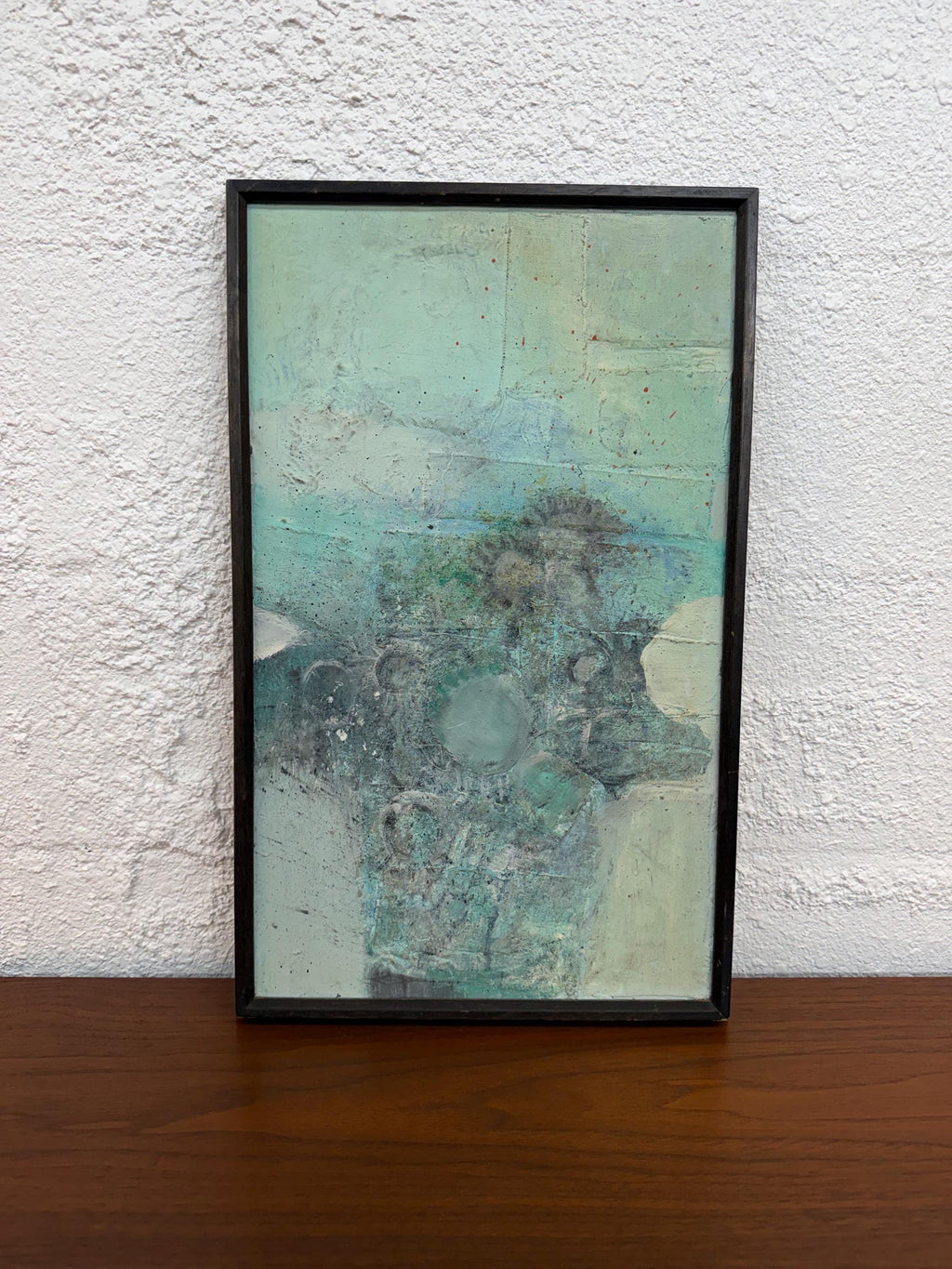 Small Mid Century Original Textured Abstract Mixed Media Painting in Soft Blues and Gray