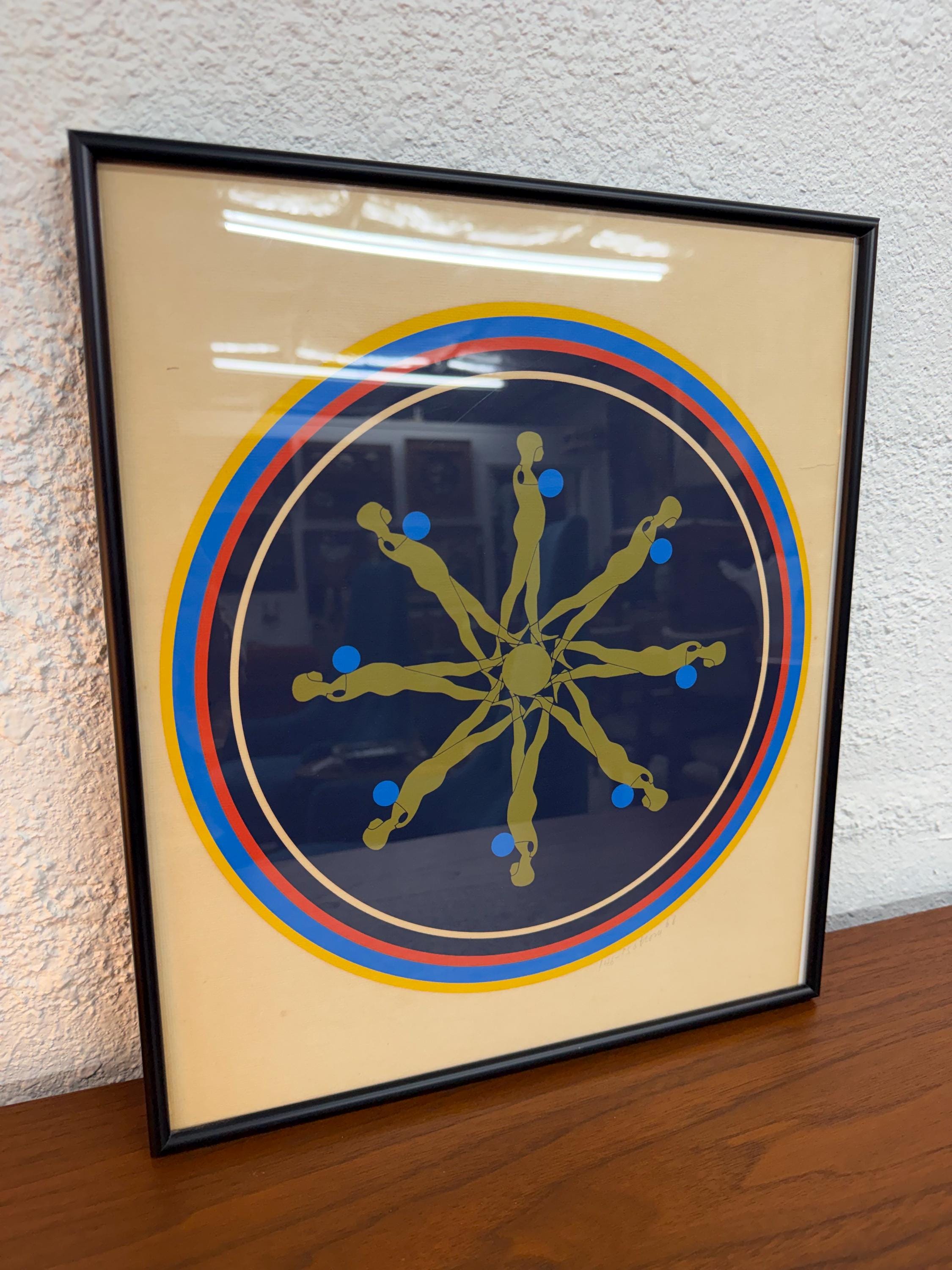 Mid Century Op Art Signed Numbered Serigraph, Falling Man Medallion  by Ernest Tino Trova