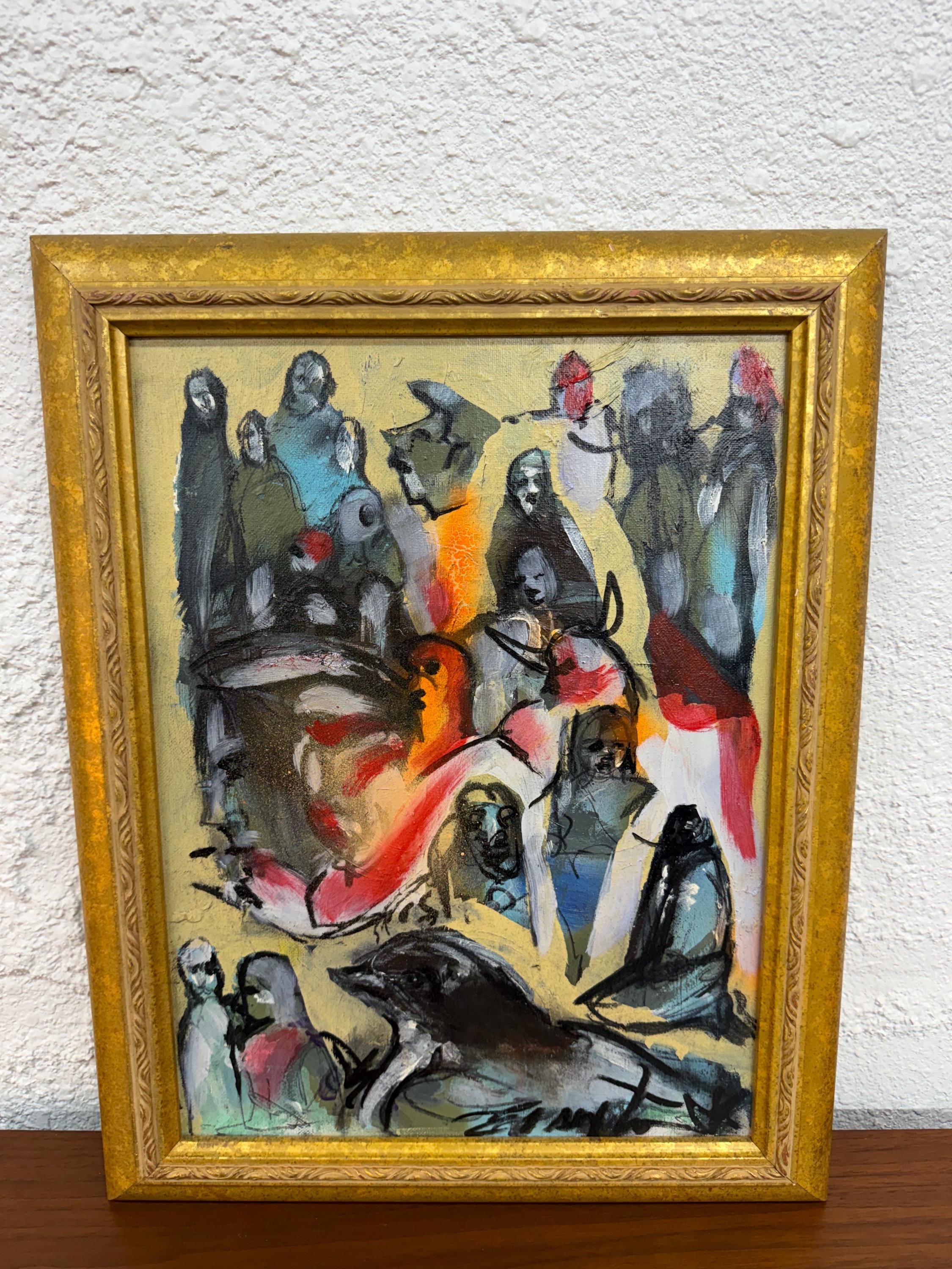 Small Vintage Original Figurative Abstract Oil on Canvas Painting by Danilo Maldonado Machado