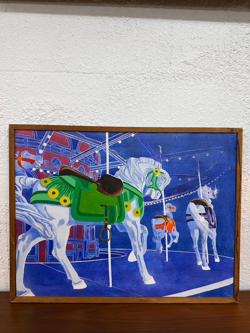 Vintage Modernist Op Art Carousel Horses Painting, Oil on Canvas