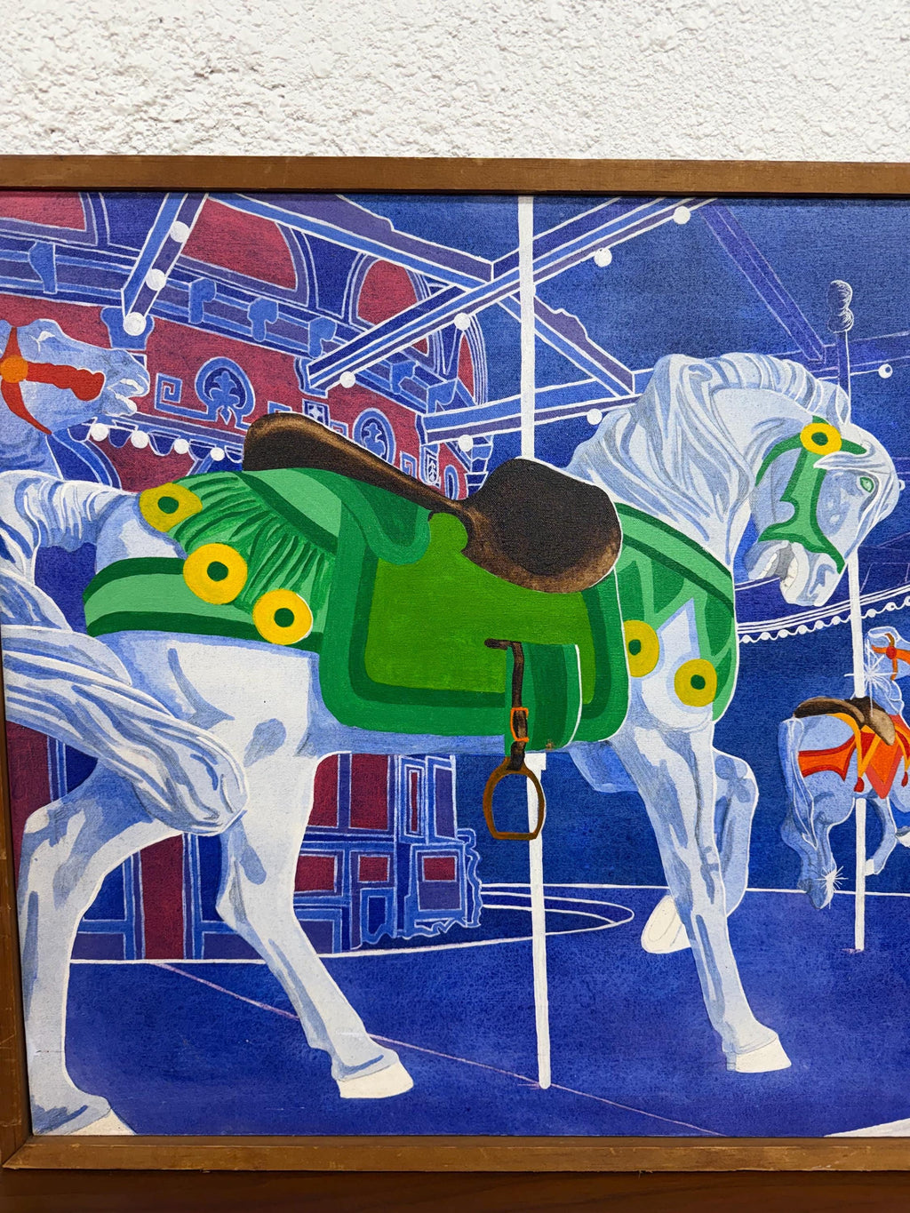 Vintage Modernist Op Art Carousel Horses Painting, Oil on Canvas