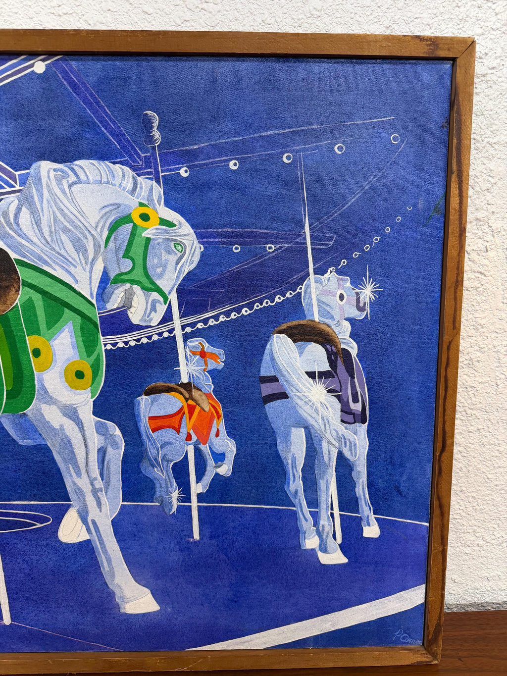 Vintage Modernist Op Art Carousel Horses Painting, Oil on Canvas