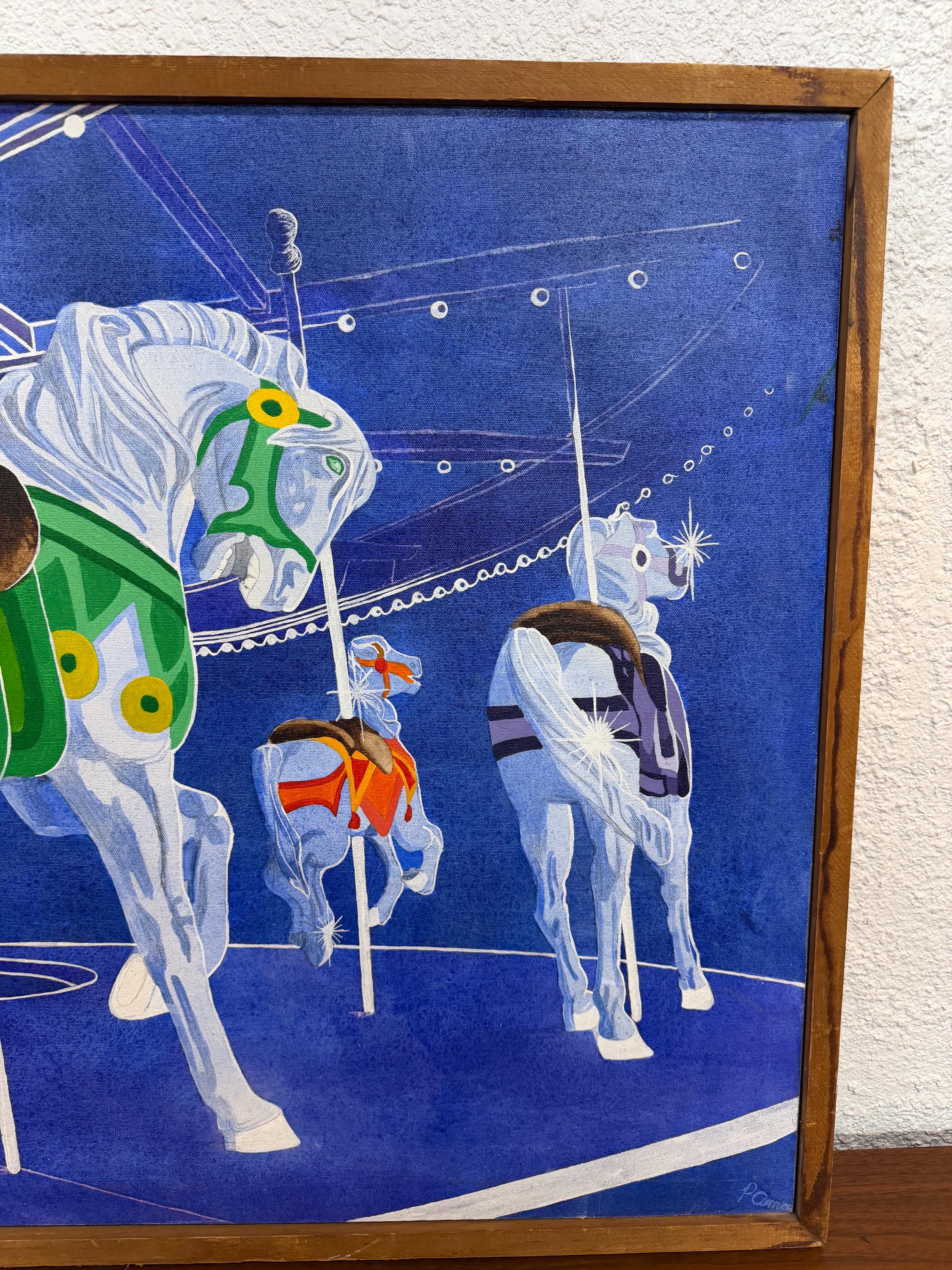 Vintage Modernist Op Art Carousel Horses Painting, Oil on Canvas
