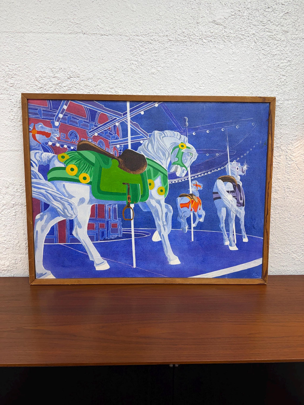 Vintage Modernist Op Art Carousel Horses Painting, Oil on Canvas